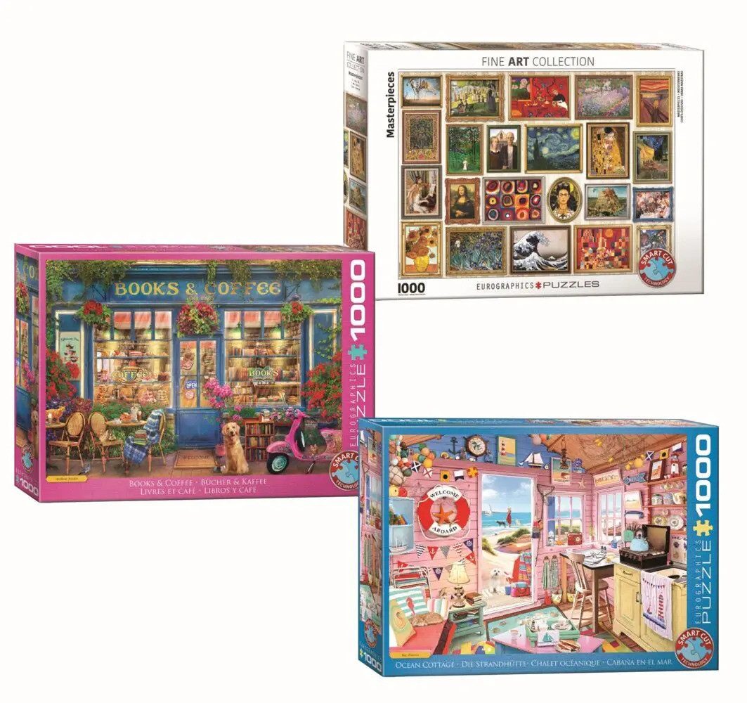 EUROGRAPHICS Puzzle Puzzle 3er-Pack (Books/FineArt/Ocean Cottage), 1000 Puzzleteile