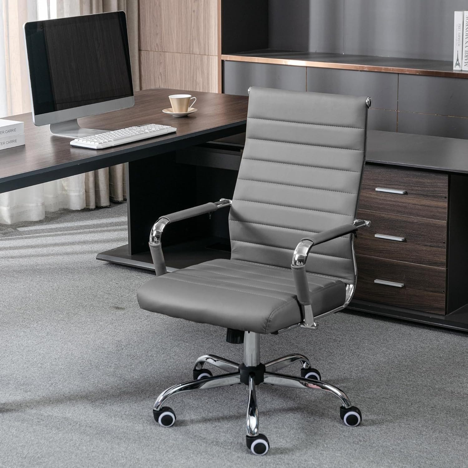 UEV Stuhl Schreibtischstuhl ergonomisch, Drehstuhl mit Rollen (Bis 150kg, Konferenzstühle, Büro-Gästestuhl), Höhenverstellbar,Wippfunktion,Metallrahmen,Gepolste – Bild 2 von 5