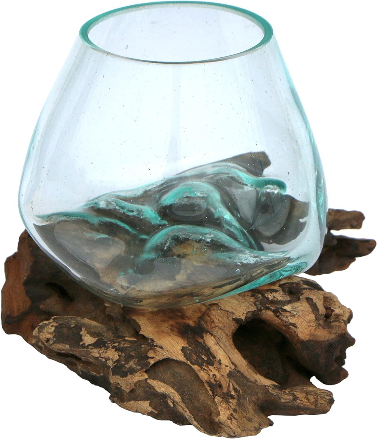 Dekovase Glas-Vase auf Wurzelholz Teakholz Gamal