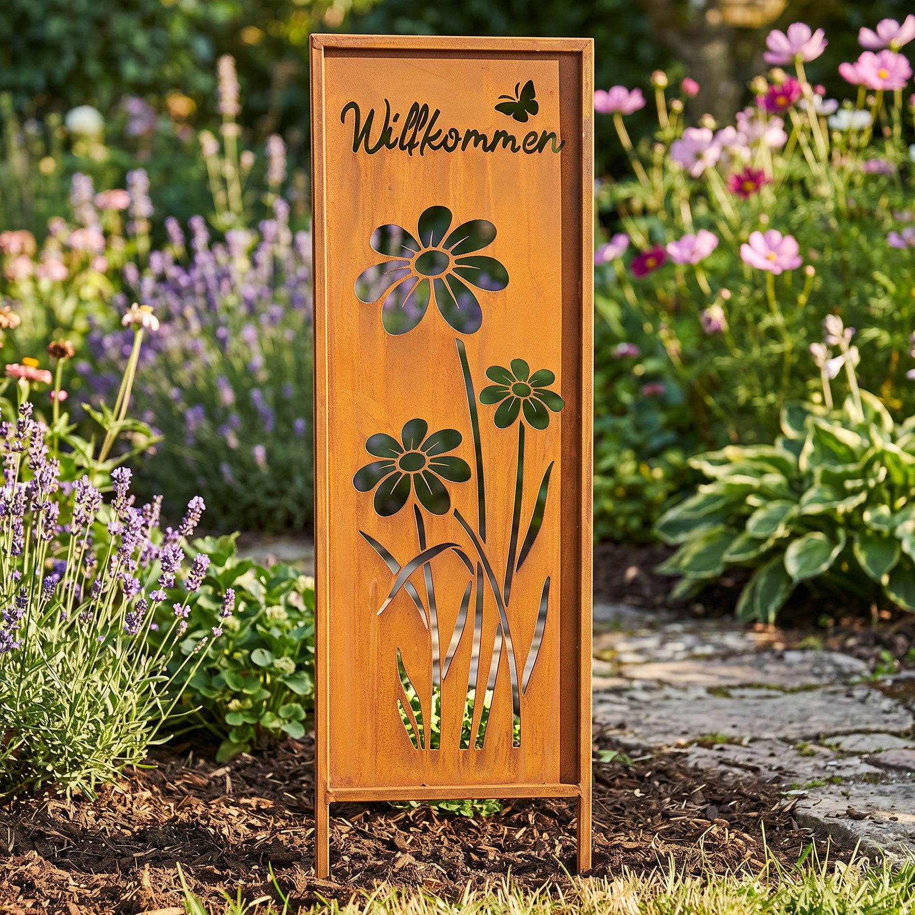Levandeo® Gartenstecker Gartenstecker Willkommen H83cm Stele Rost Rostdeko Braun Garten-Deko