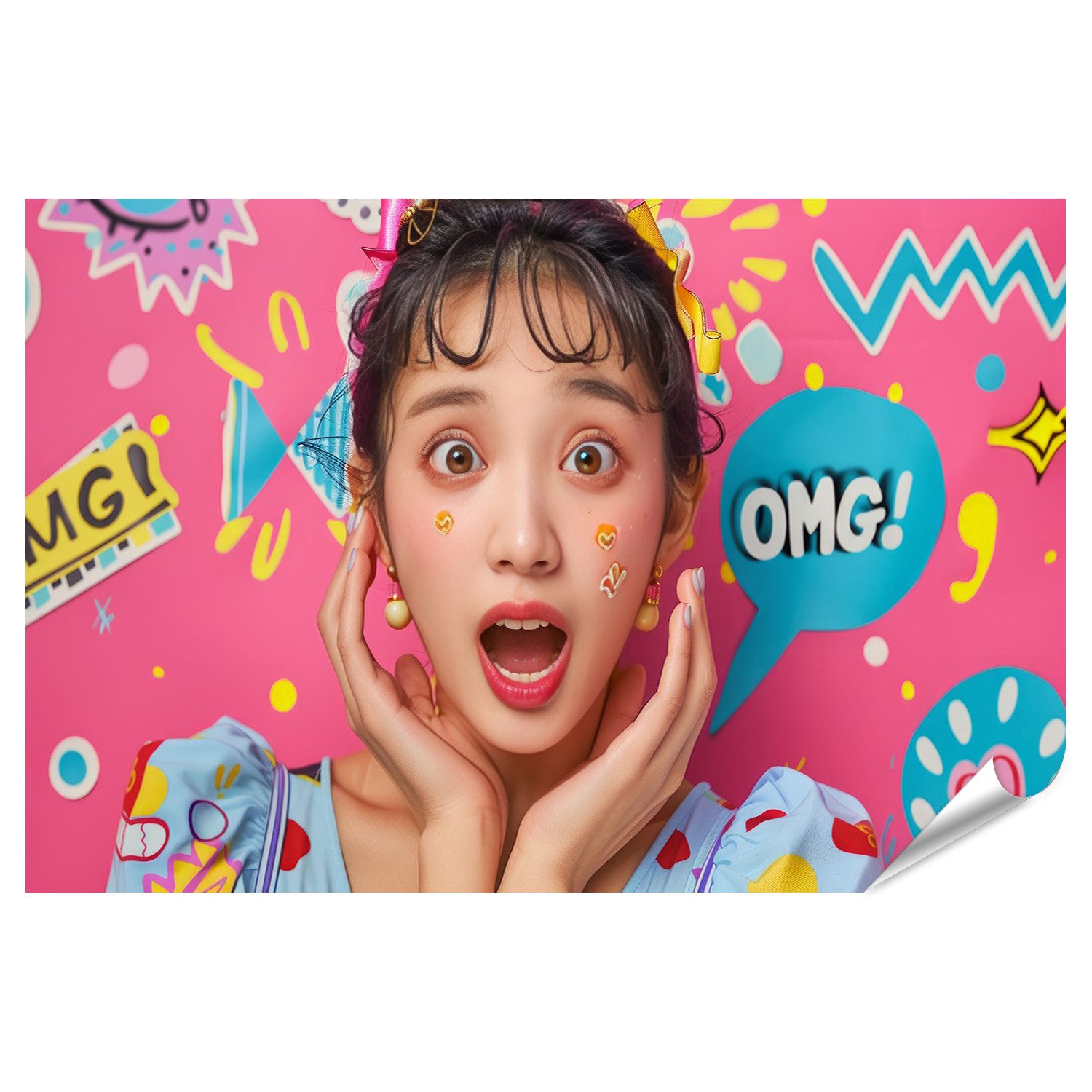 islandburner Poster, Überraschte junge Frau mit buntem Hintergrund, Print