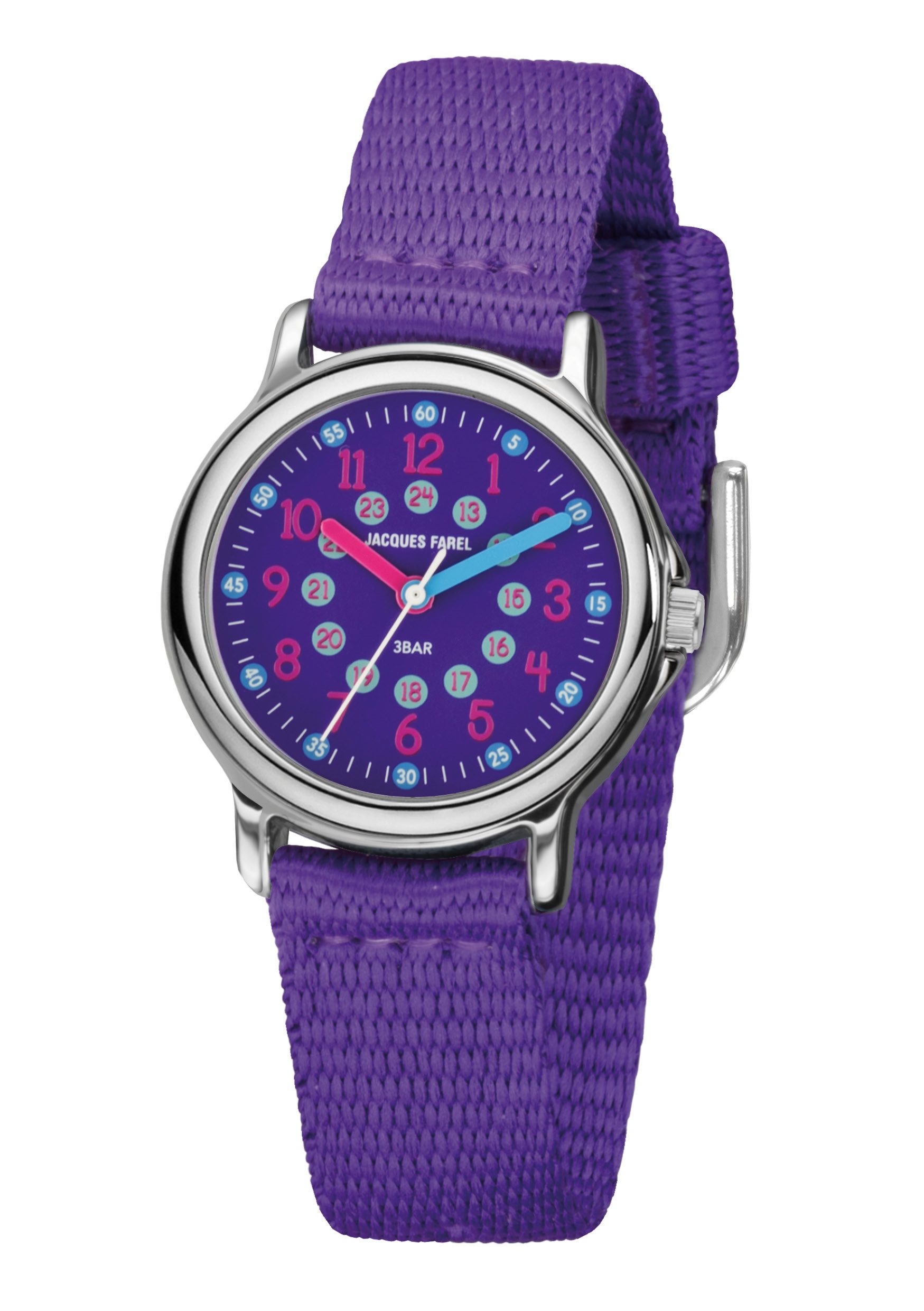 Jacques Farel Quarzuhr KCF Kinder Armbanduhr Textilband, analog Kinderuhr Lernuhr deutlich Schulanfang Geschenkidee Ø 28 mm