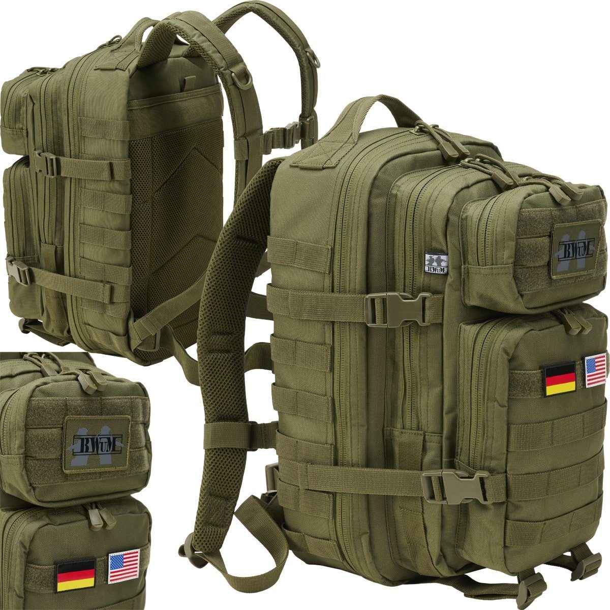 BWuM Trekkingrucksack BWuM US Assault Pack Cooper Rucksack + Patch & Flaggen Oliv