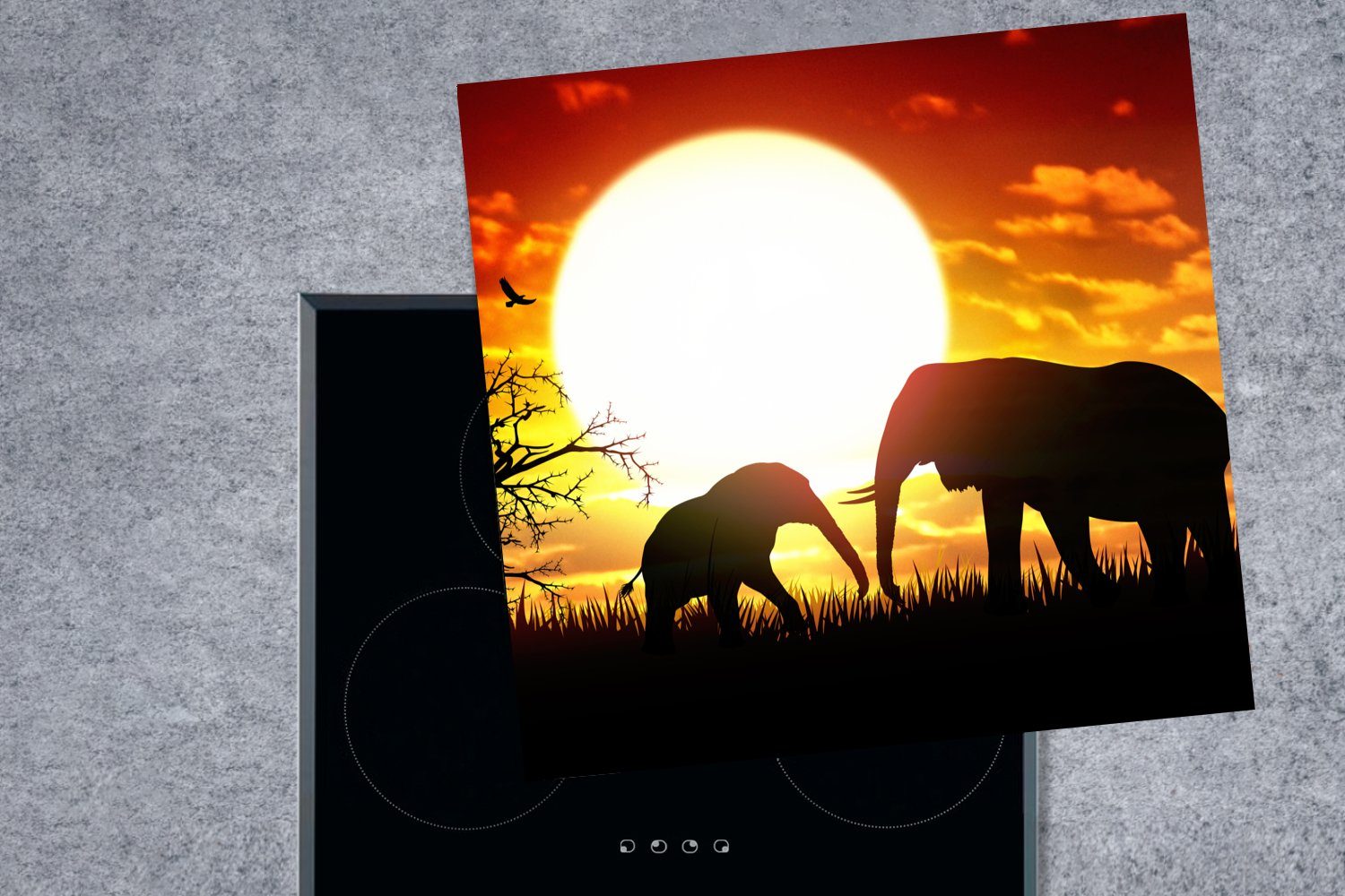 MuchoWow Herdblende-/Abdeckplatte Eine Illustration Sonnenuntergang, tlg), Ceranfeldabdeckung, Vinyl, 78x78 Arbeitsplatte bei cm, küche von Elefanten (1 für