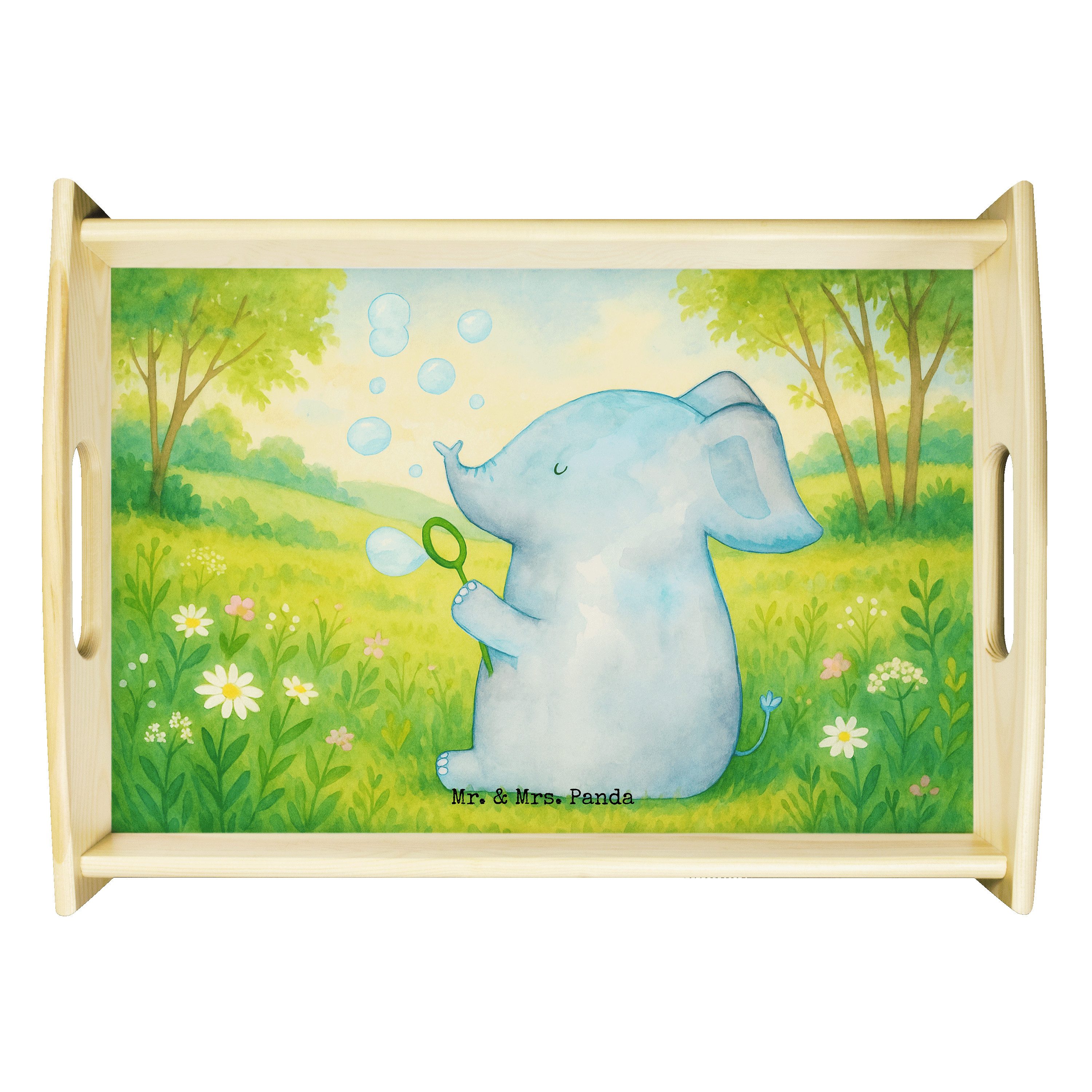 Mr. & Mrs. Panda Tablett Elefant Seifenblasen Design, Deko Tablett, Weiß, Lustige Sprüche, Sof, Echtholz lasiert, (Packung), couchtablett küchentablett holz Servier Tablett
