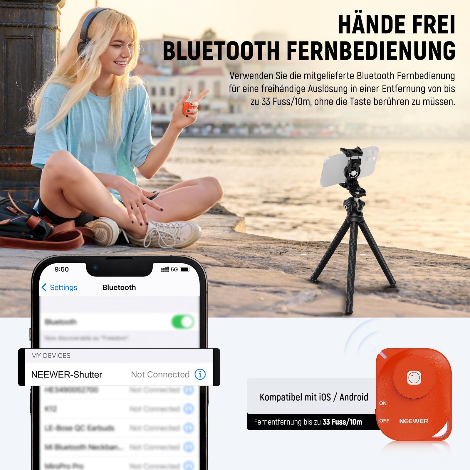Neewer TP34 Flexibles Stativ mit Fernbedienung, Kamera Handy Stativ Stand Tischstativ (Selfie Stick mit Handy Halter & Action Kamera Adapter für GoPro) – Bild 2 von 5