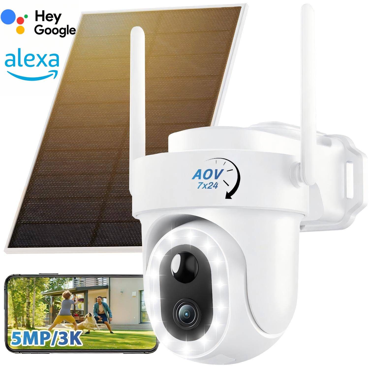SWGOTA IP-Überwachungskamera Solar Überwachungskamera Außen 5MP/3K, 8000mAh Kabellos WLAN Kamera (355°/90° PTZ Panorama,IP66 wasserdicht,Nachtsicht & 24/7 Aufnahme, Automatische Verfolgung,2-Wege-Audio, Sirene,300 Lumen Scheinwerfer, mit KI Mensch/Tier, F
