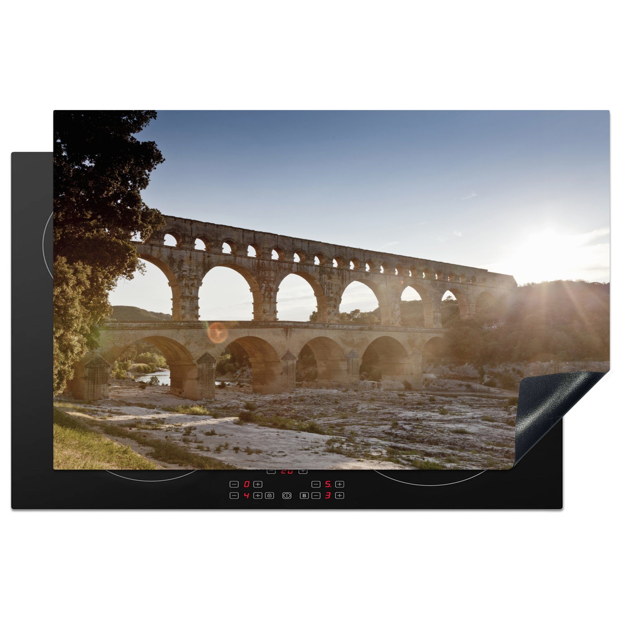 MuchoWow Herdblende-/Abdeckplatte Fantastischer Sonnenuntergang über dem Pont du Gard in Frankreich, Vinyl, (1 tlg), 81x52 cm, Induktionskochfeld Schutz für die küche, Ceranfeldabdeckung