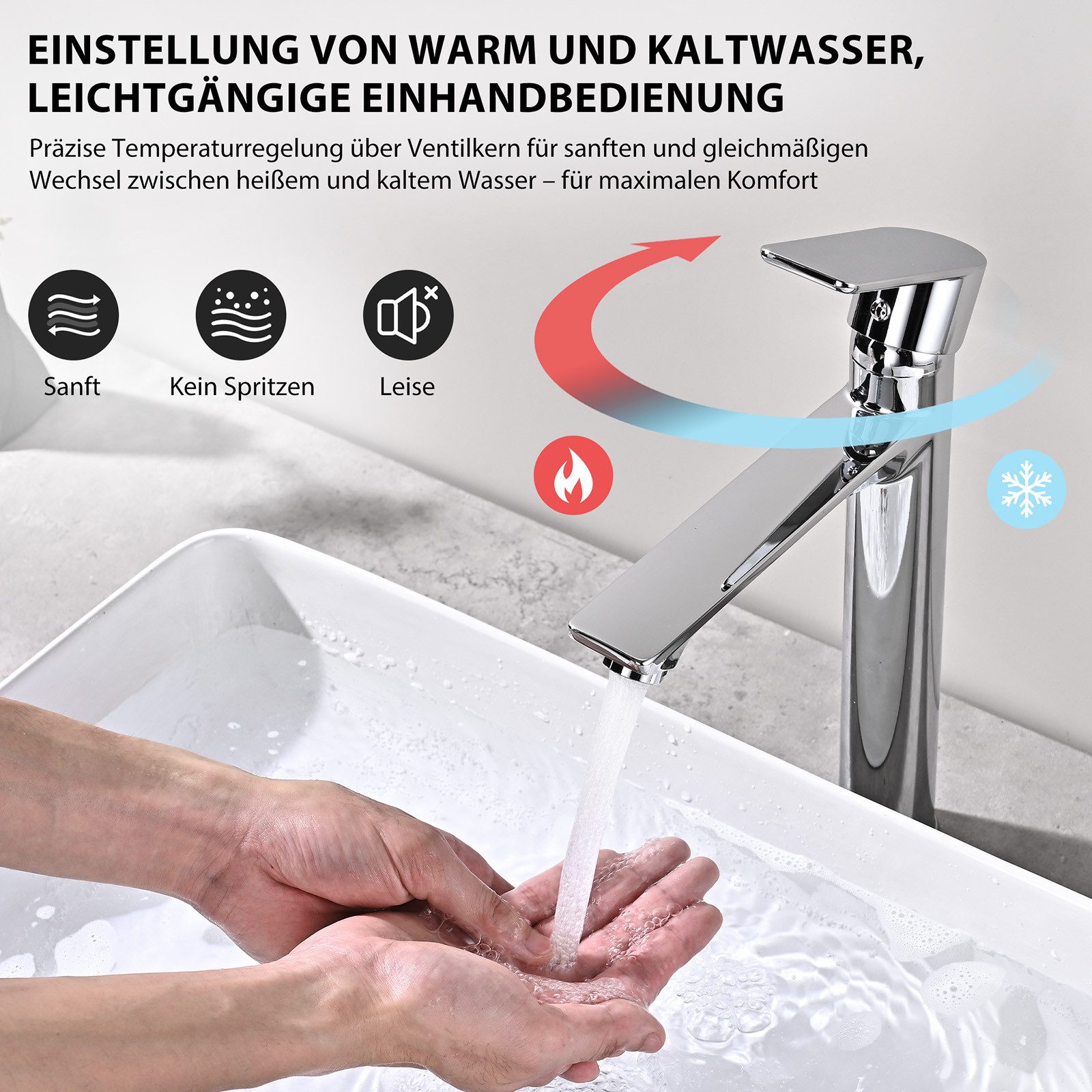 HOMELODY Waschtischarmatur Einhebelmischer Bad Wasserhahn Mischbatterie Armatur Waschbecken Keramikkartusche, Perlator, 3/8 Anschluss, einfache Montage, Chrom
