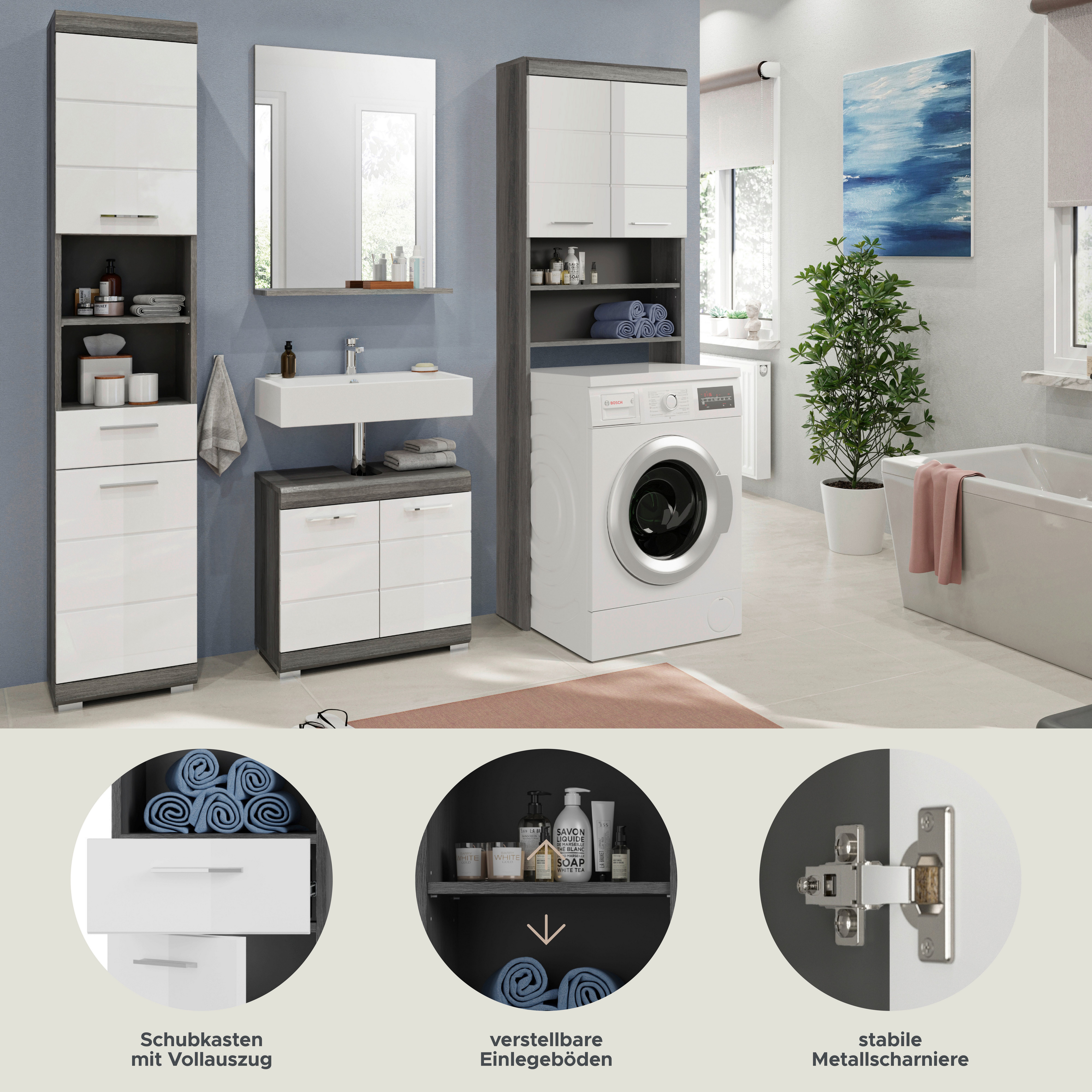 furnling Badmöbel-Set Scott, (4-St., bestehend aus Hochschrank, Spiegel, Waschmaschinenumbauschrank, WBU), viel Stauraum, modern, Badmöbel, Badezimmermöbel, Komplett-Set