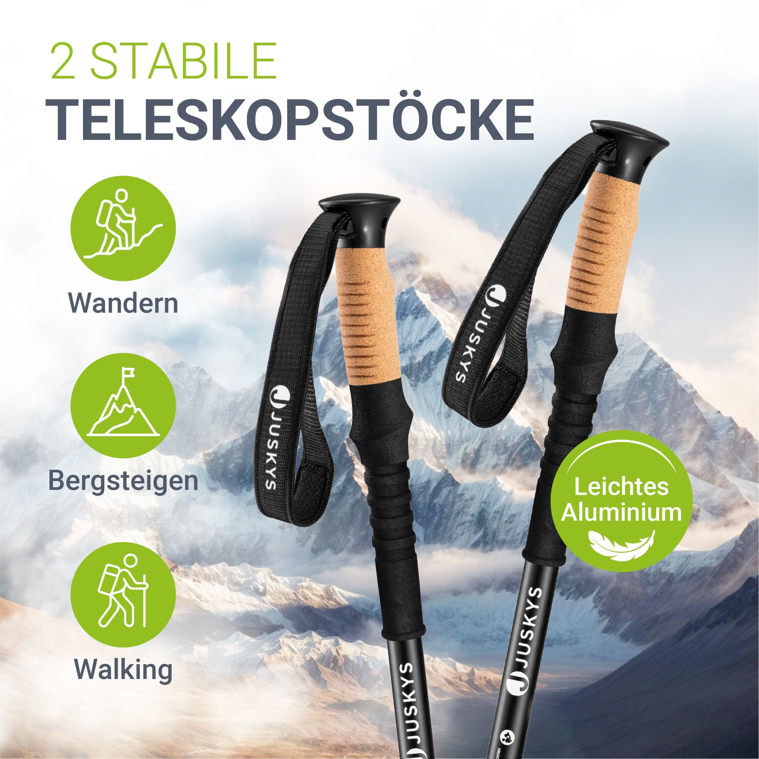 Juskys Wanderstöcke (2 St), Alu Teleskop, leicht & ausziehbar, für Damen & Herren, mit Zubehör