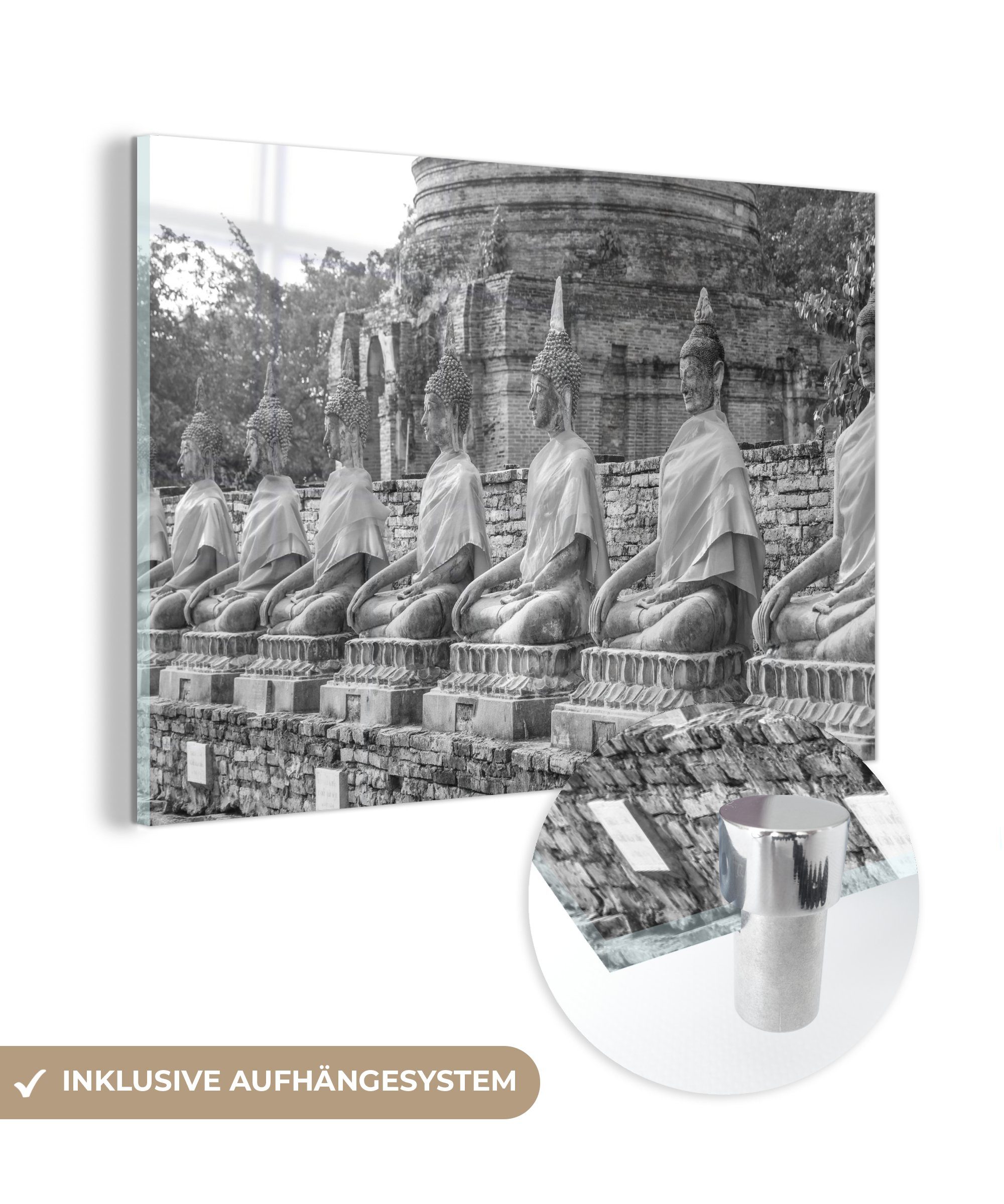 MuchoWow Acrylglasbild Buddhas im Wat Chaiwatthanaram-Tempel in Thailand - Schwarz und Weiß, (1 St), Acrylglasbilder Wohnzimmer & Schlafzimmer