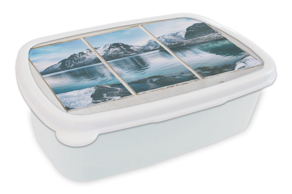 MuchoWow Lunchbox Aussicht - Berge - Winter, Kunststoff, (2-tlg), Brotbox für Kinder und Erwachsene, Brotdose, für Jungs und Mädchen weiß