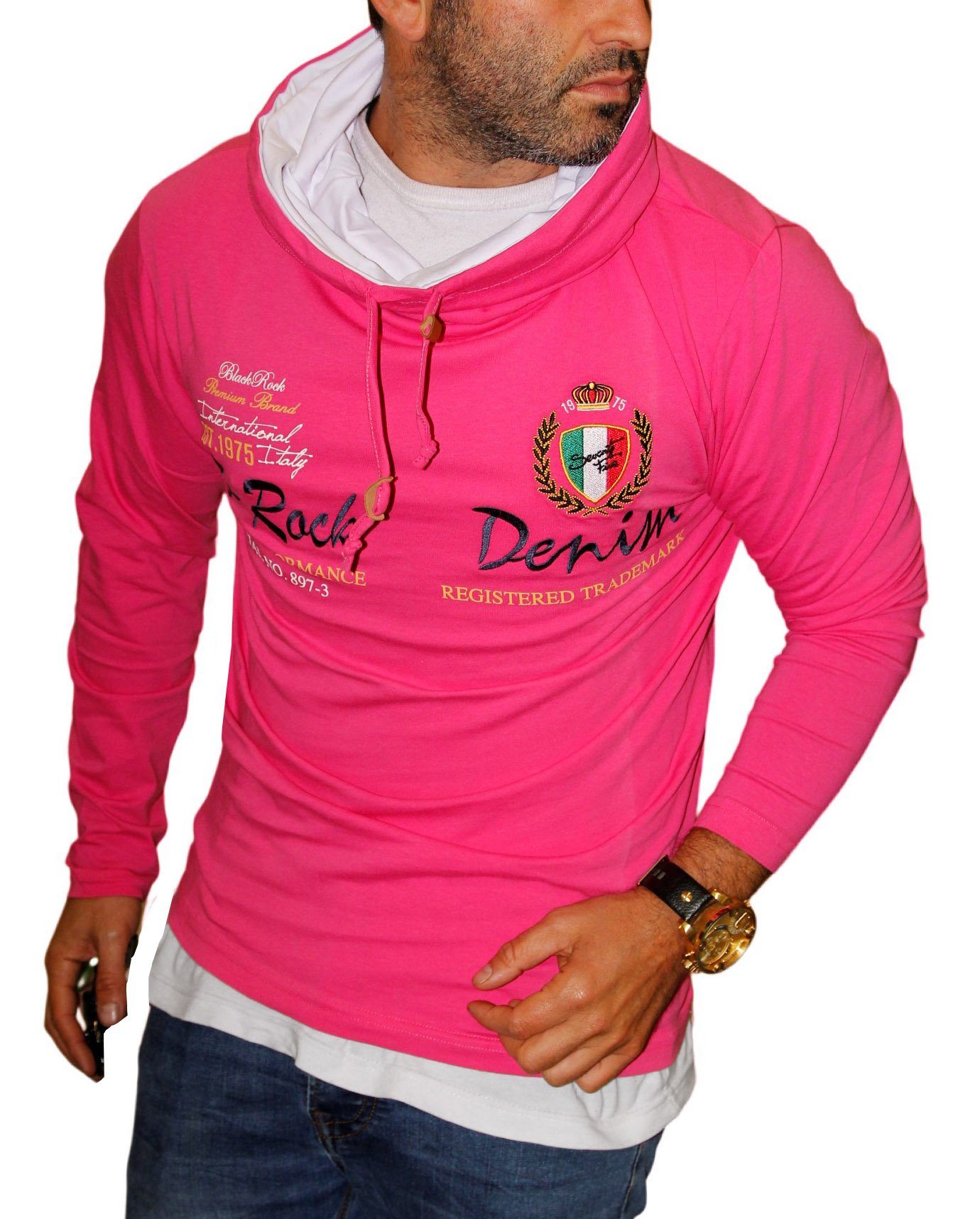 Herren Kapuzenkragen Longsleeve BLACKROCK Sweatshirt mit Henleyshirt Langarmshirt Pink