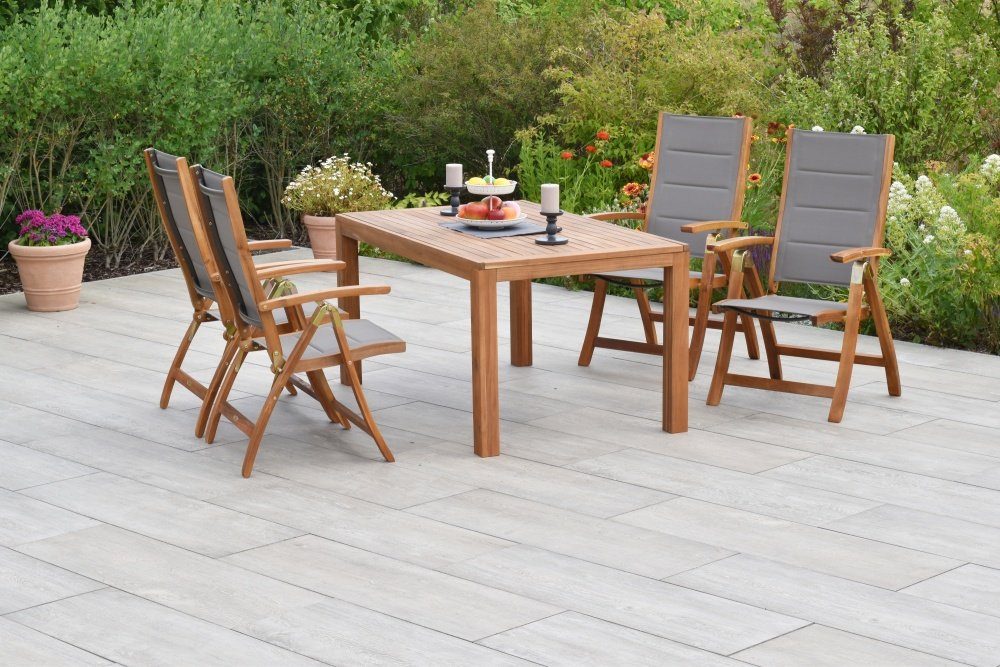 MERXX Garten-Essgruppe Acapulco, (Set 5tlg., 4 Klappsessel, Ausziehtisch, Akazienholz mit Textilbespannung)