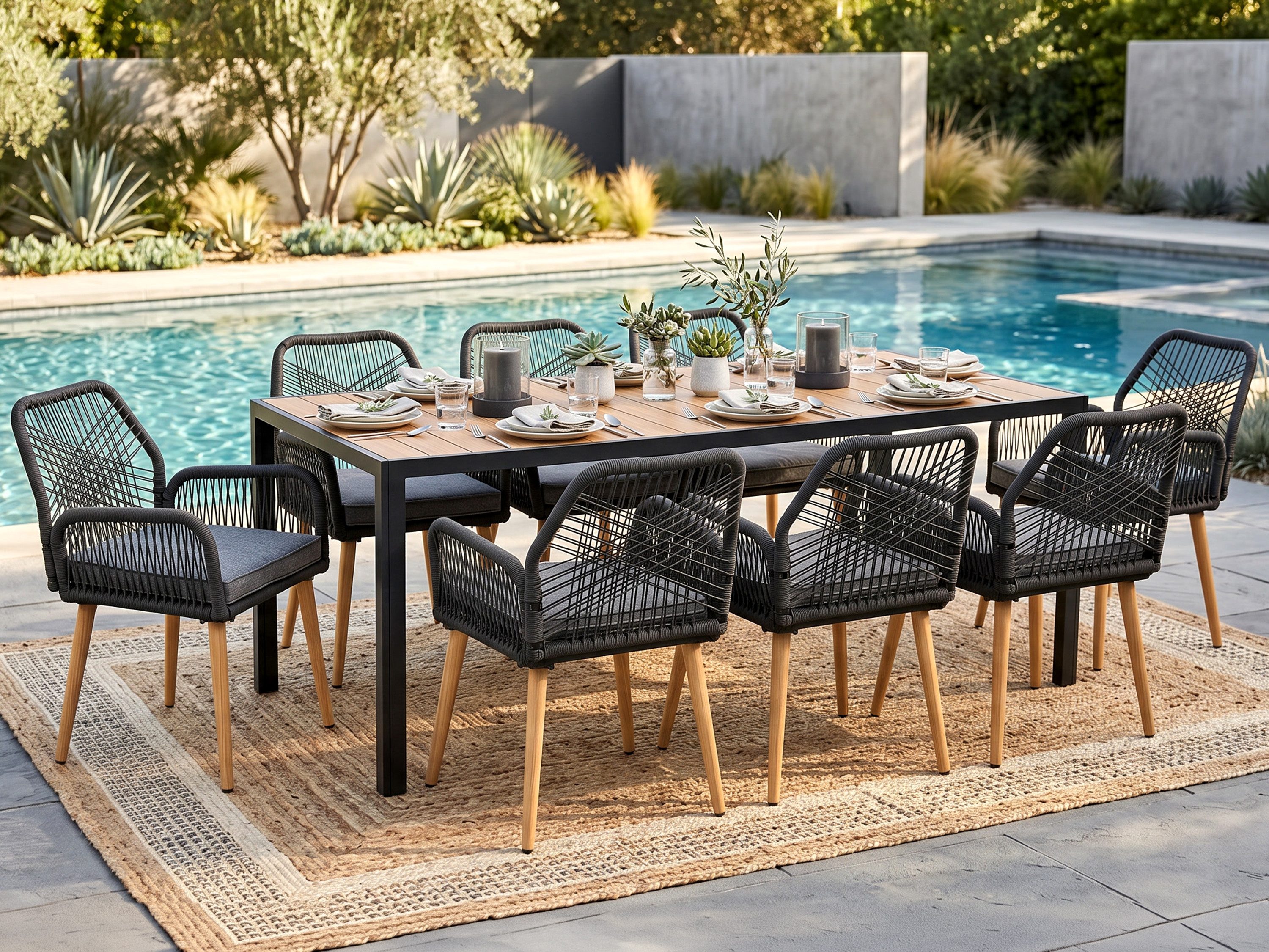 Swing&Harmonie Garten-Essgruppe für 6-8 Personen mit Tisch, Seilgeflecht-Stühle Esstisch, (Garten Sitzgruppe, wetterfest, WPC-Tischplatte, inkl. Kissen), Outdoor Terrasse