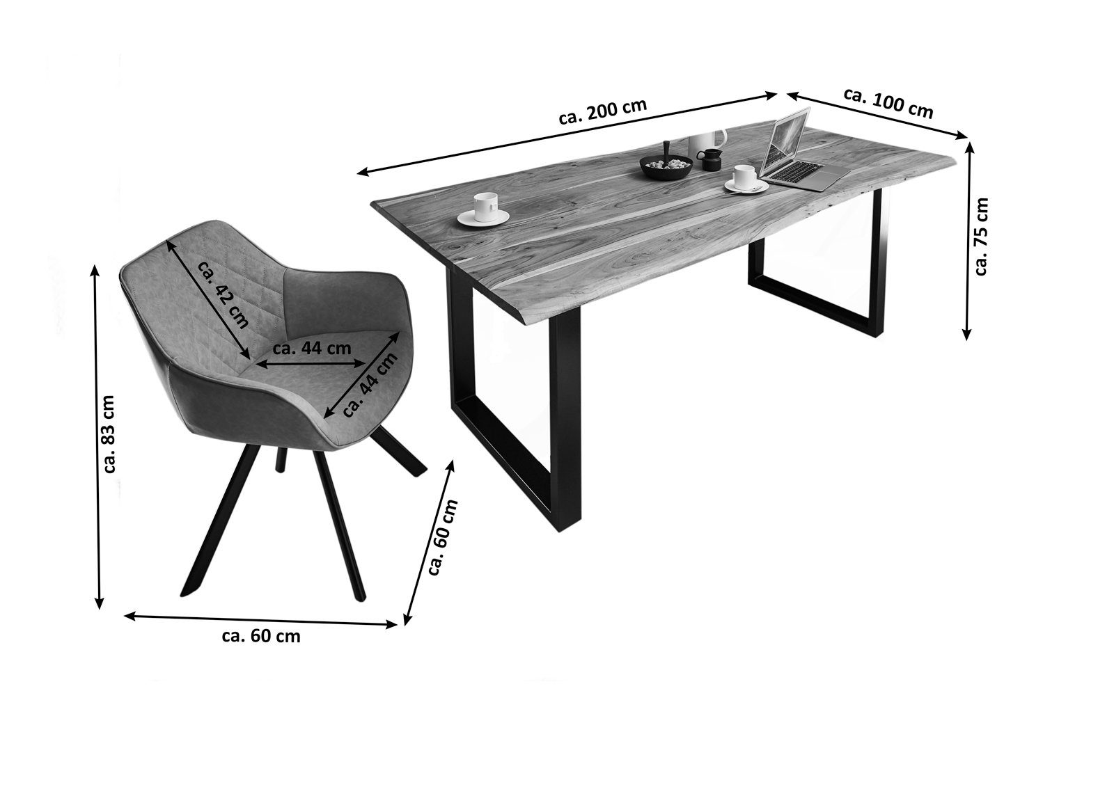 mit Stuhl U-Form, TP 6x Alina, und 35mm Essgruppe Baumkante, Junado® Akazienholz, Milo Metallgestell naturfarben