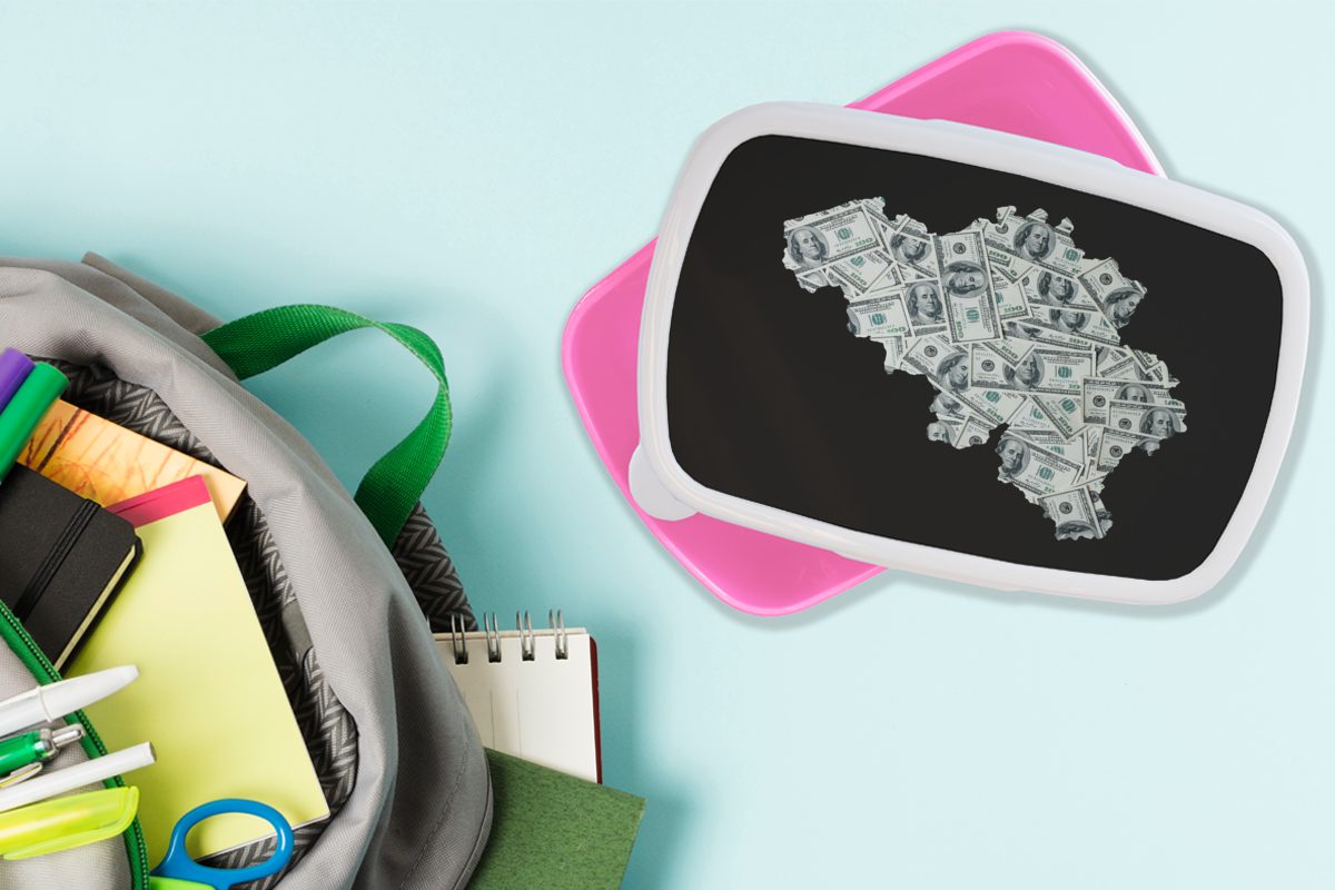 Brotbox rosa - Belgien Mädchen, Geld, Brotdose (2-tlg), Kunststoff MuchoWow Kinder, - Karte Erwachsene, Lunchbox Snackbox, Kunststoff, für
