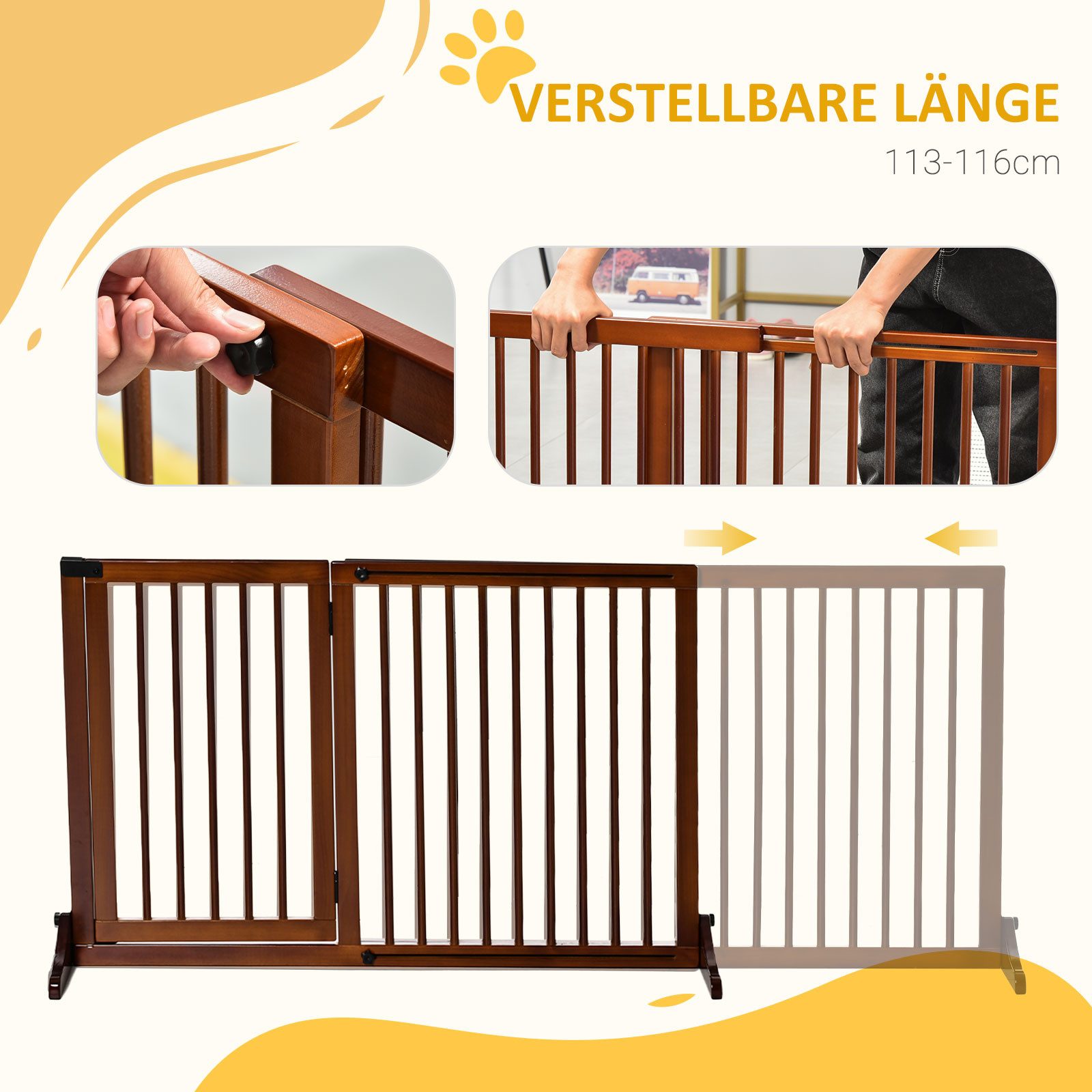 PawHut Hundegitter Absperrgitter Hund Freistehendes Verstellbares (Haustierschutzgitter, 1 St., Haustier Türschutzgitter), Braun 113-166 x 36 x 71 cm – Bild 4 von 5