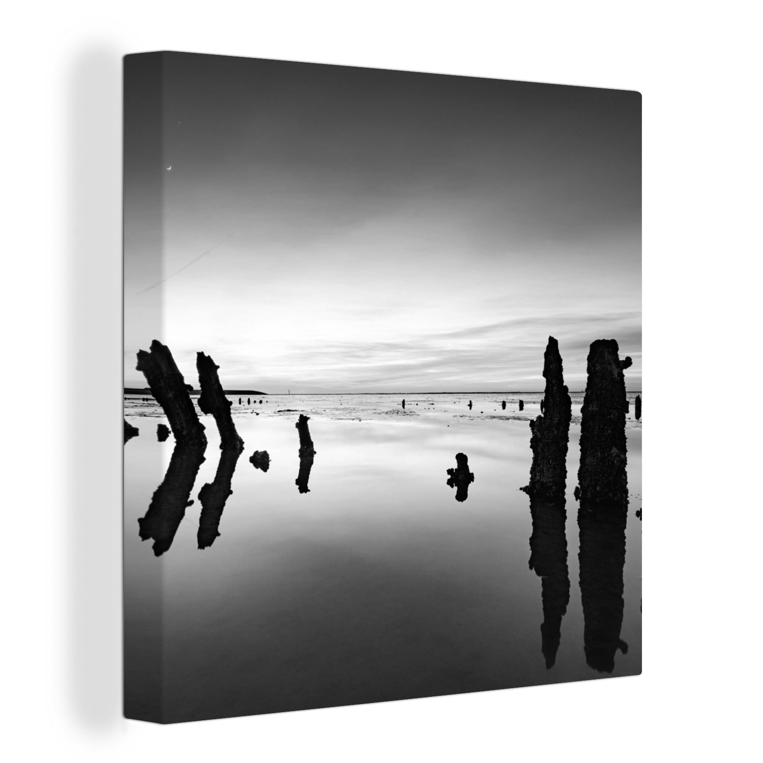 OneMillionCanvasses® Leinwandbild Wattenmeer - Schwarz - Weiß - Holz, (1 St), Leinwand Bilder für Wohnzimmer Schlafzimmer
