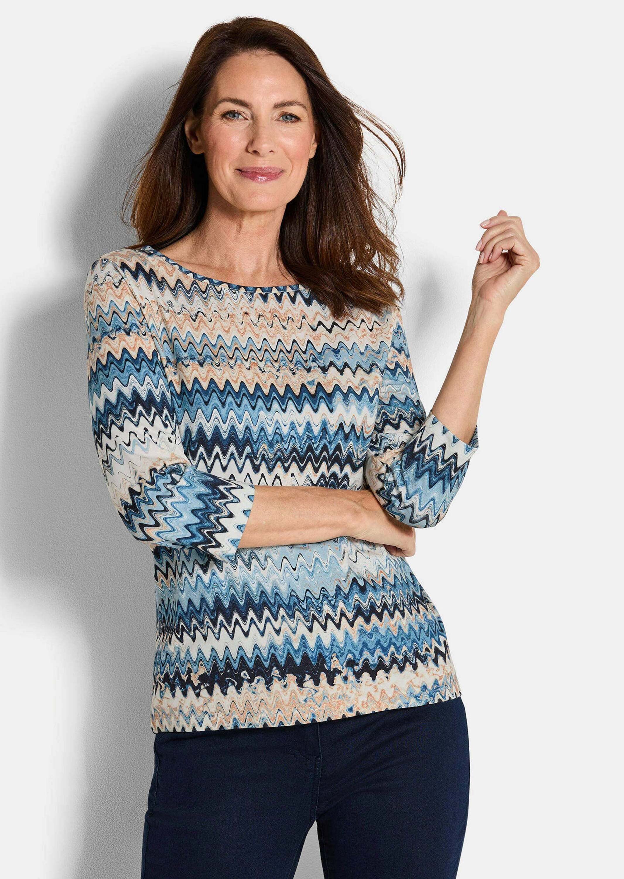 Print-Shirt Kurzgröße: Halbarm-Viskosebluse, Zickzack-Design