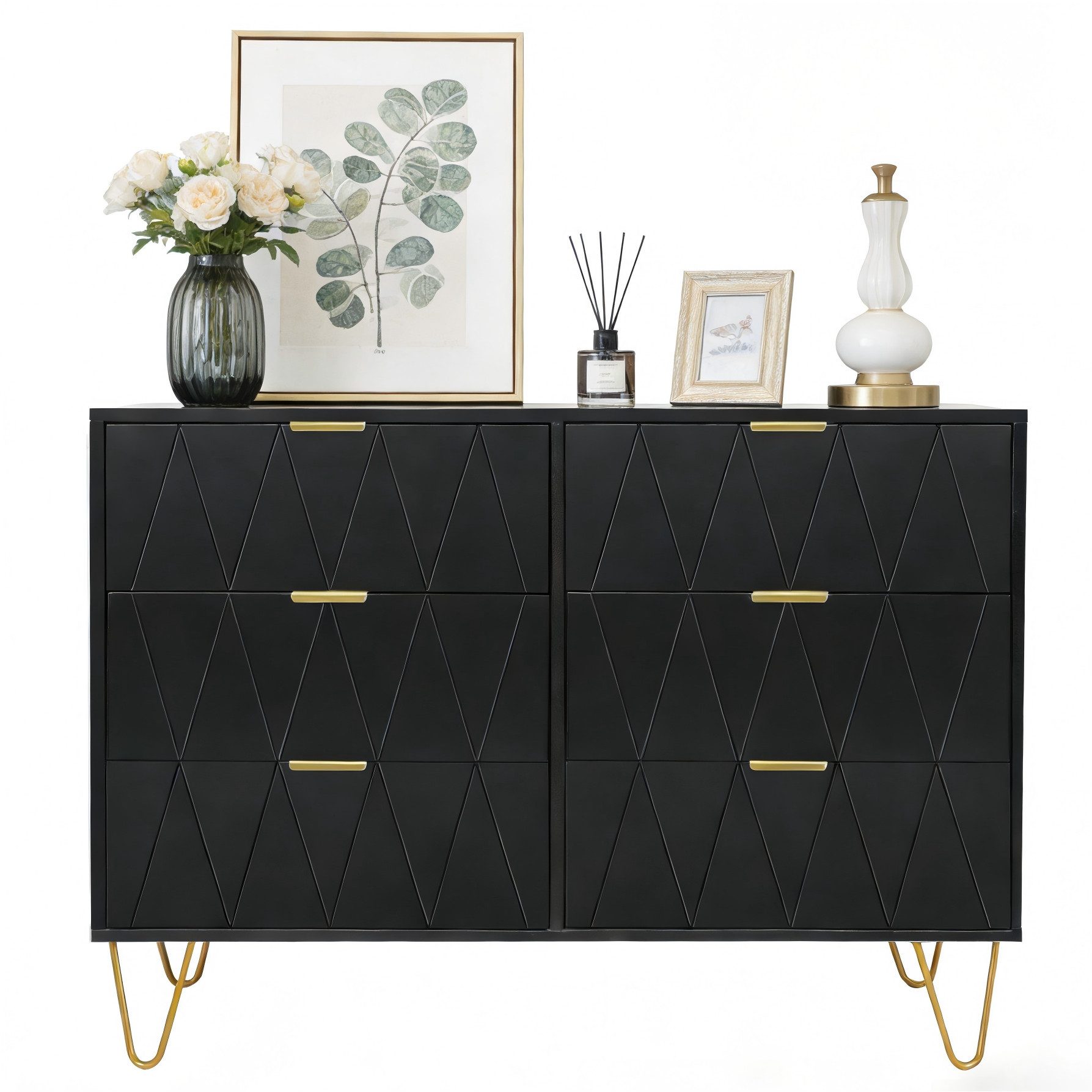 UEV Kommode mit 6 Schubladen, Sideboard für Wohnzimmer Schlafzimmer (Highboard, Sideboard mit Schubladen, Schmal kommode, 100 x 34 x 73 cm Mehrzweckschrank), Küchenschrank Buffet TV Board Schrank mit Füße Aufbewahrungsschrank