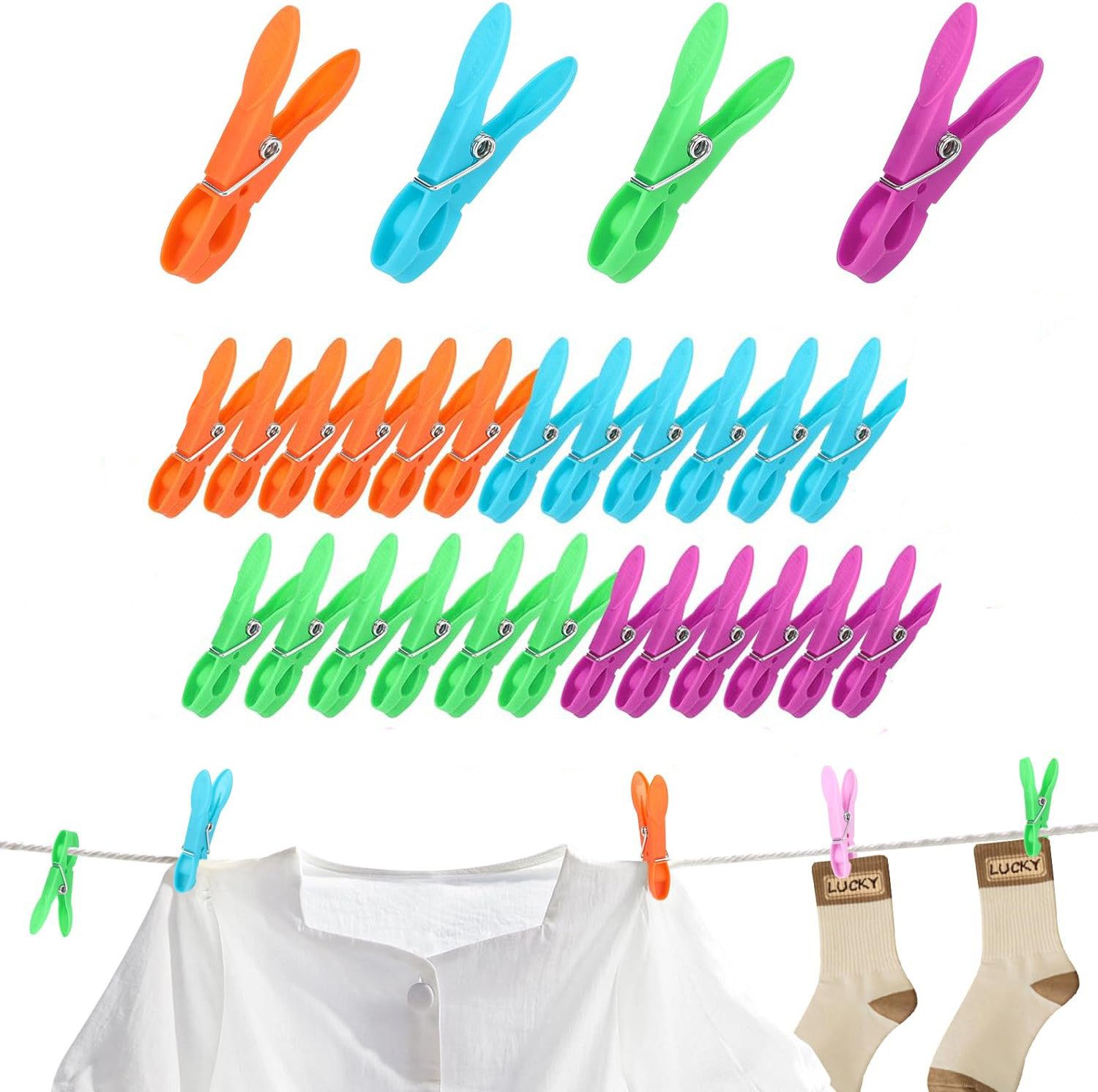 klarer Himmel Wäscheklammern 24 Kleiderhaken, unbedruckte Kleiderhaken, 4 Farben Winddicht, Kunststoffhaken mit starkem Griff für Wäscheleinen, Handtücher