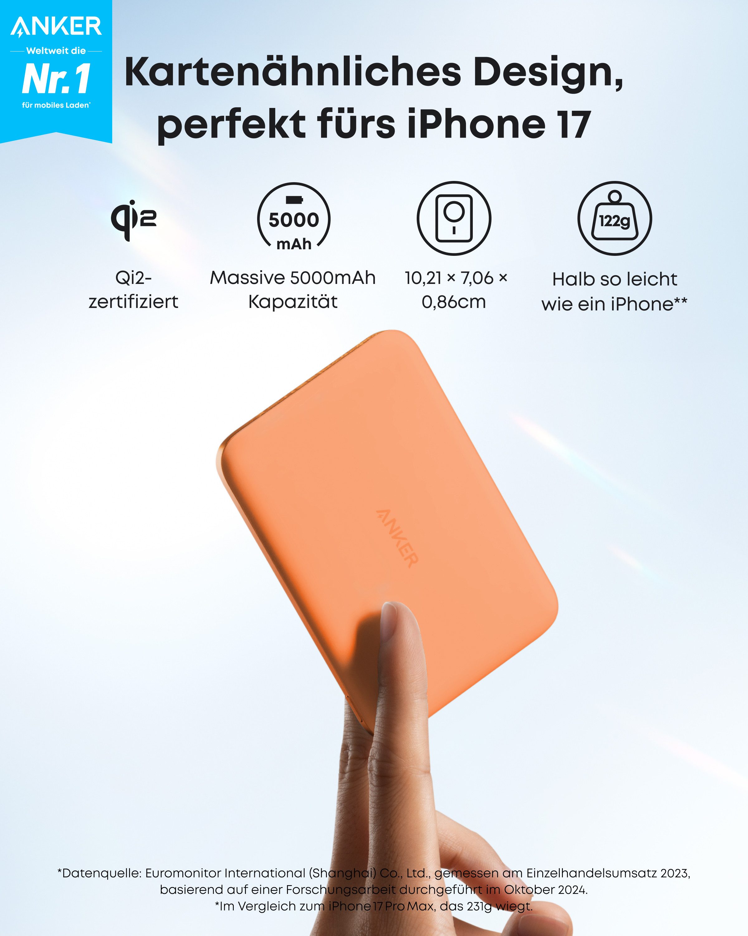 Anker Anker Nano Powerbank, Qi2-zertifiziert, 5000mAh Magnet- Powerbank 15W Max ultraschnelles Laden, MagSafe-kompatibel, tragbares Ladegerät 5000 mAh (5 V), Kabelloses Laden, für iPhone 17/16/15/14/13