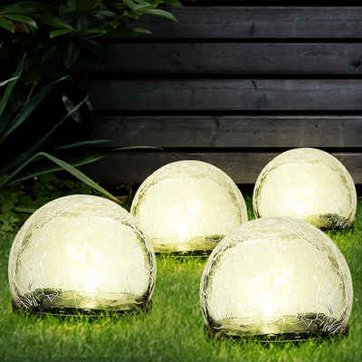 etc-shop LED Gartenleuchte, LED-Leuchtmittel fest verbaut, Warmweiß, 4er Set LED Solar Steck Lampen Crackle Glas Kugel Garten Rasen Wiese
