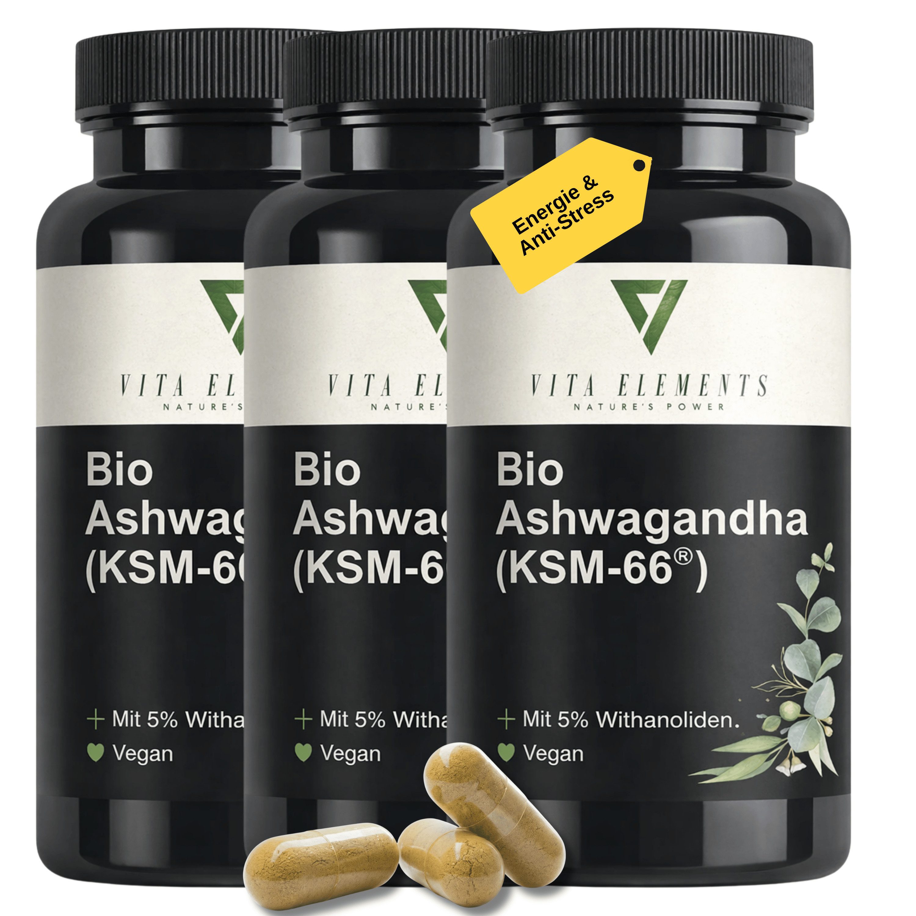 Vita Elements 3er Set Bio Ashwagandha (KSM-66) Kapseln, 540 Stk. Vegan Frei von Gentechnik Ohne unnötige Zusätze Laborgeprüft