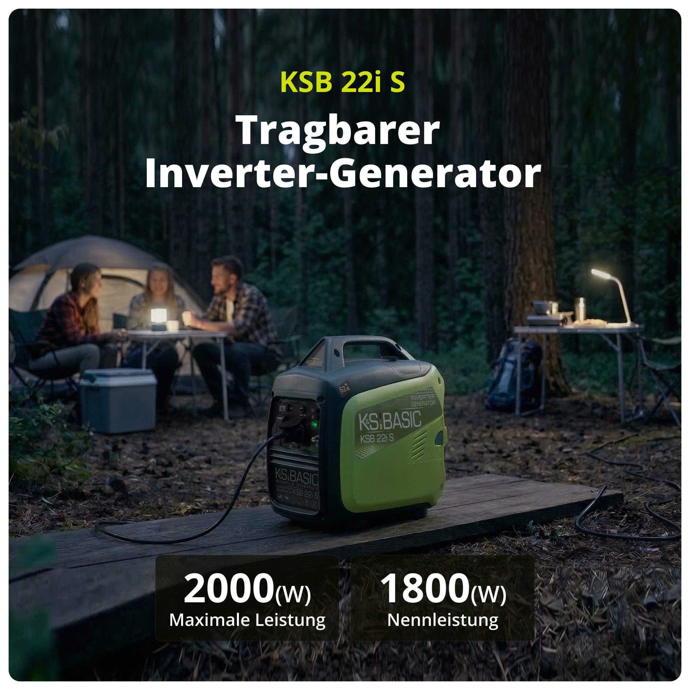 Könner & Söhnen Stromerzeuger KSB 22i S, 2,00 in kW, (Superleiser Inverter-Generator für empfindliche Geräte, 1-tlg., 2.0 kW, 62 dB(A), mit Sparmodus (ECON-MODUS) und Griff), Schalldämmgehäuse, Reine Sinuswelle, Mikroprozessor, EURO V