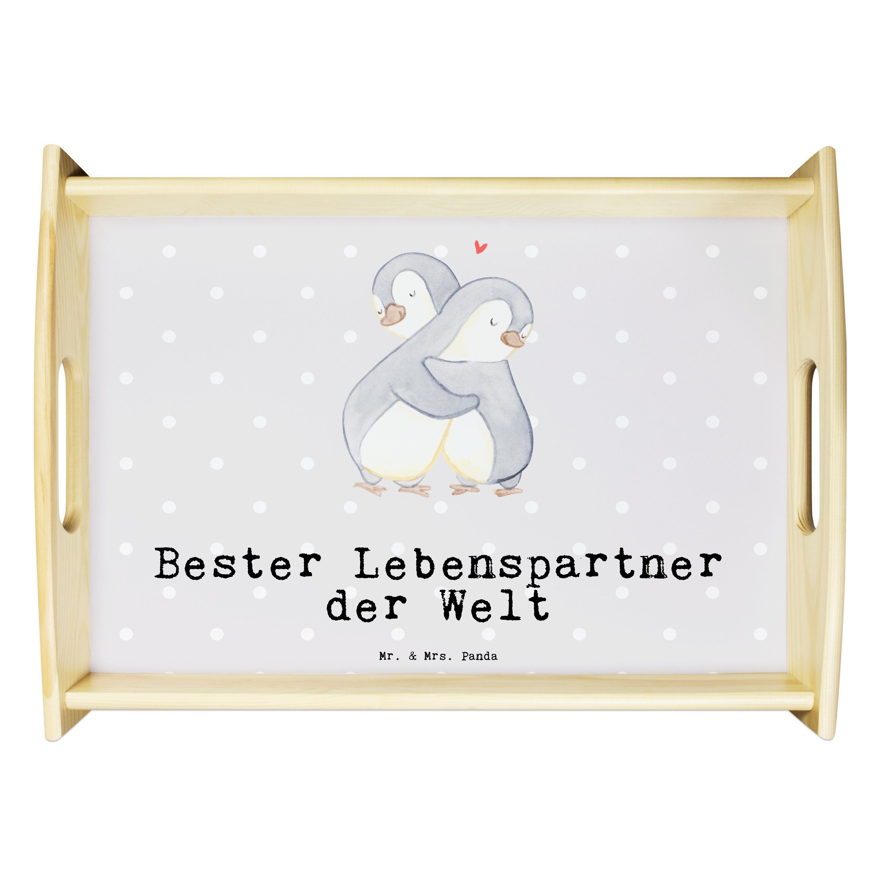 Mr. & Mrs. Panda Tablett Pinguin Bester Lebenspartner der Welt - Grau Pastell - Geschenk, Ehef, Echtholz lasiert, (1-tlg)
