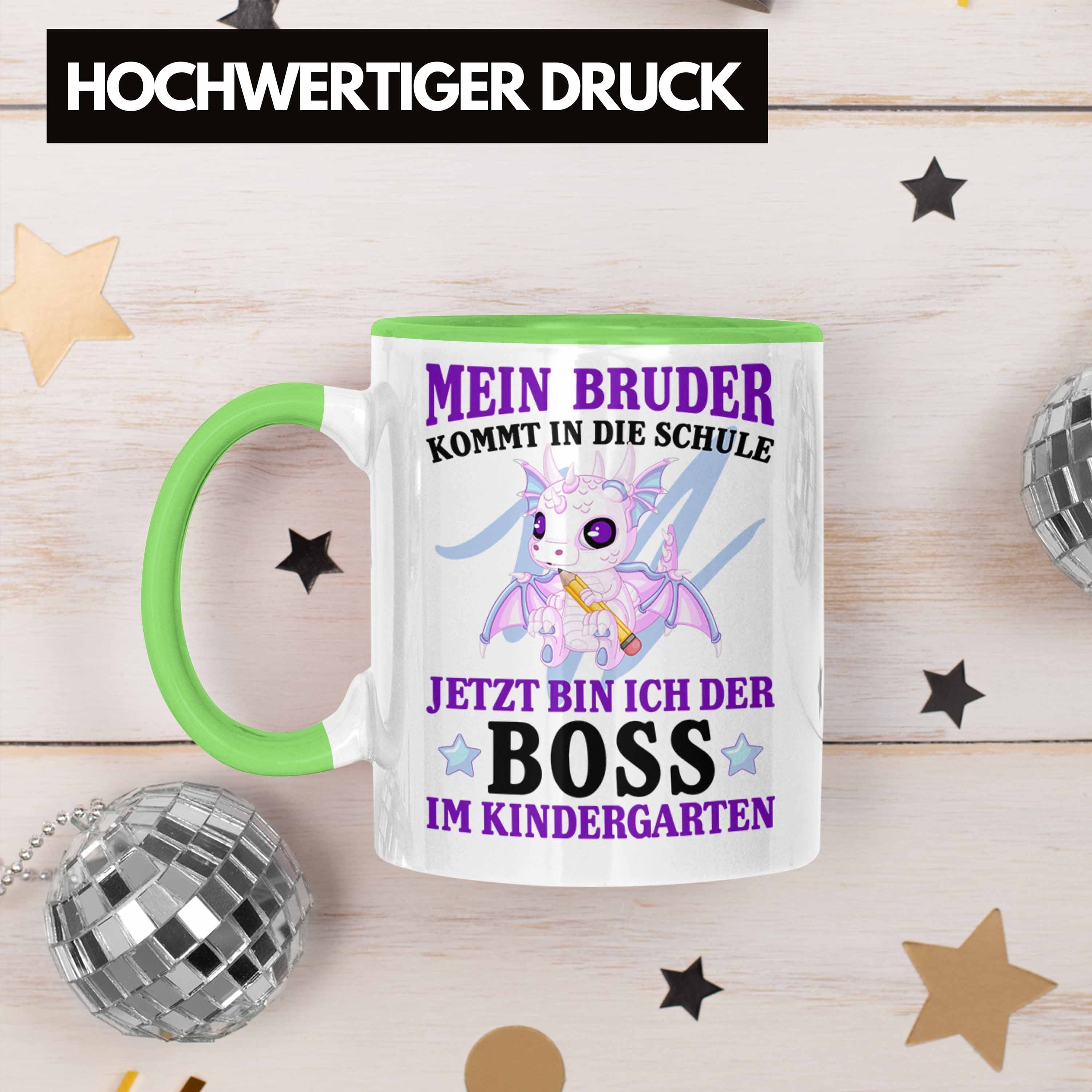 Trendation Tasse Schultag Schulkind - Schultüte Schuleinführung Grün Tasse Füllung Jungs Bruder Trendation für Geschenkidee Einschulung 1. Schulanfang Schulstart Geschenk