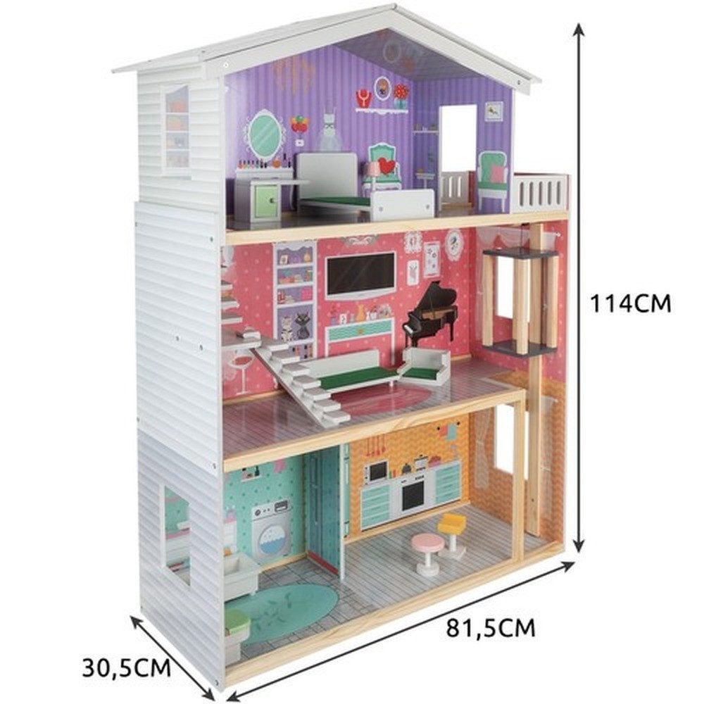 KRUZZEL Puppenhaus Großes Puppenhaus Holzvilla, (Spar-Set, Aufzug + Möbel), Dreistöckige Holzvilla mit 4 Zimmern, Balkon und 114 cm Höhe