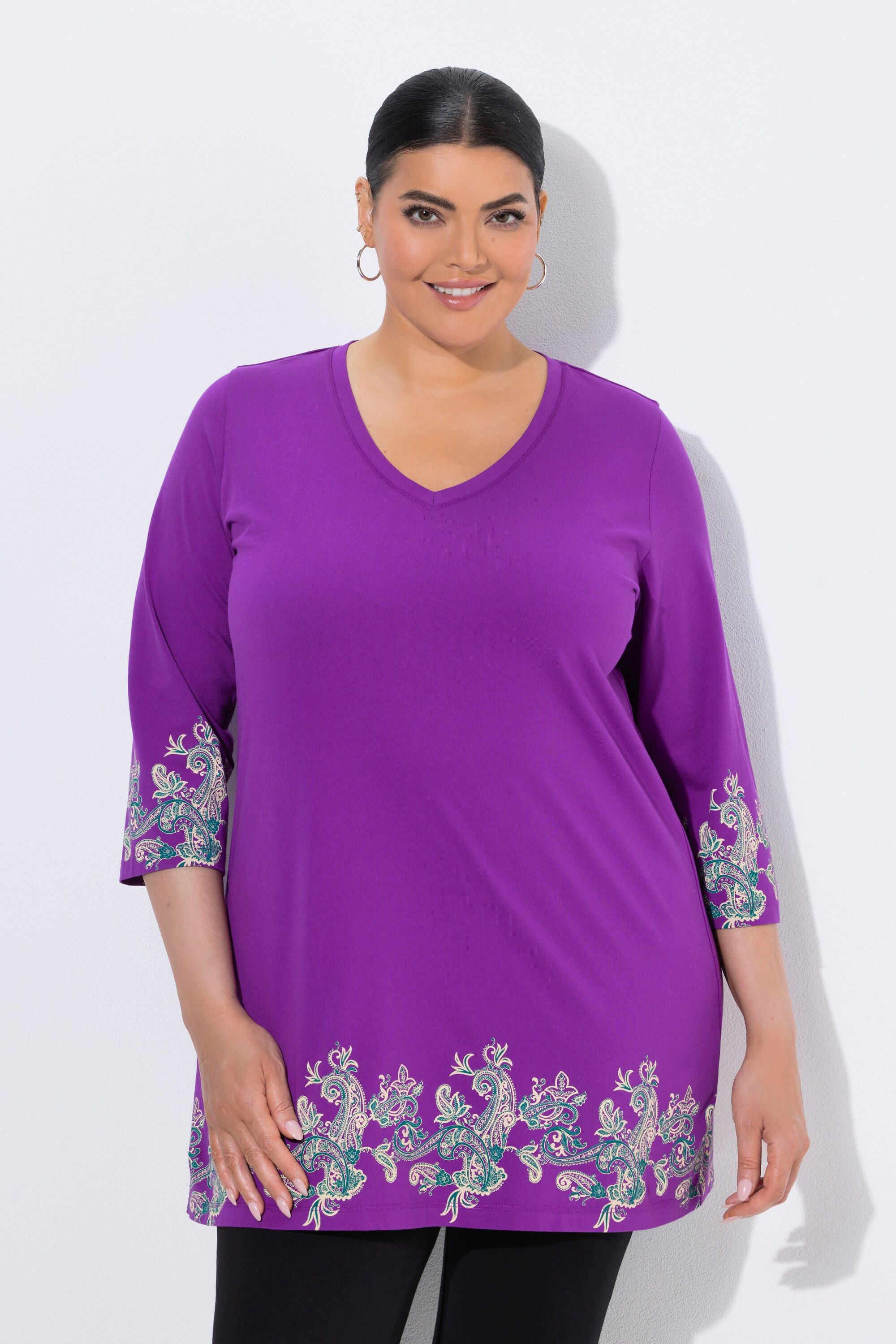 Ulla Popken Longshirt Longshirt Motivdruck V-Ausschnitt 3/4-Arm
