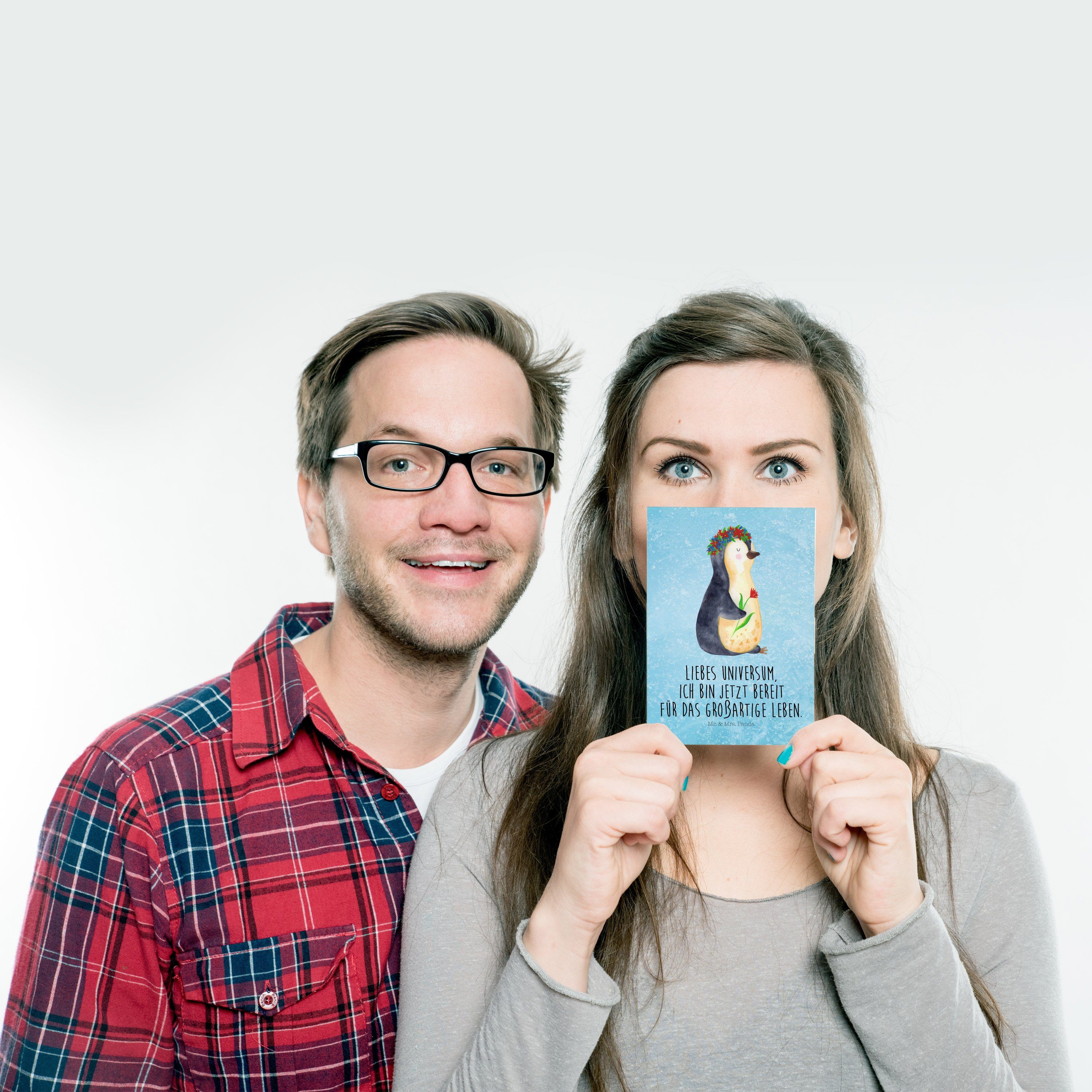 Mr. & Mrs. Panda Liebeskumm Einladungskarte, Pinguin - - Blumenkranz Geschenk, Postkarte Eisblau