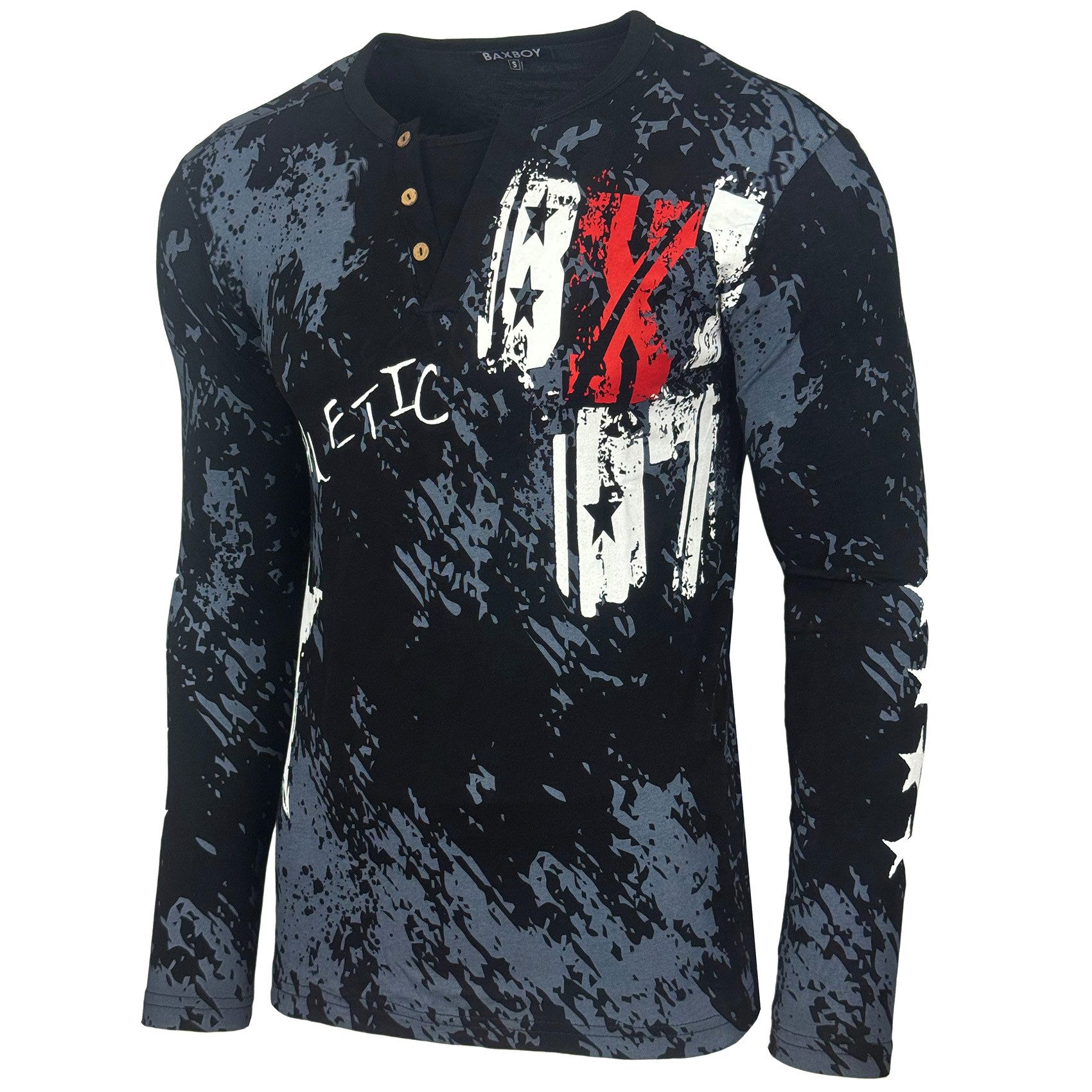 Baxboy Longshirt Langarmshirt mit trendigem All-Over Logo-Print mit Knopfle günstig online kaufen