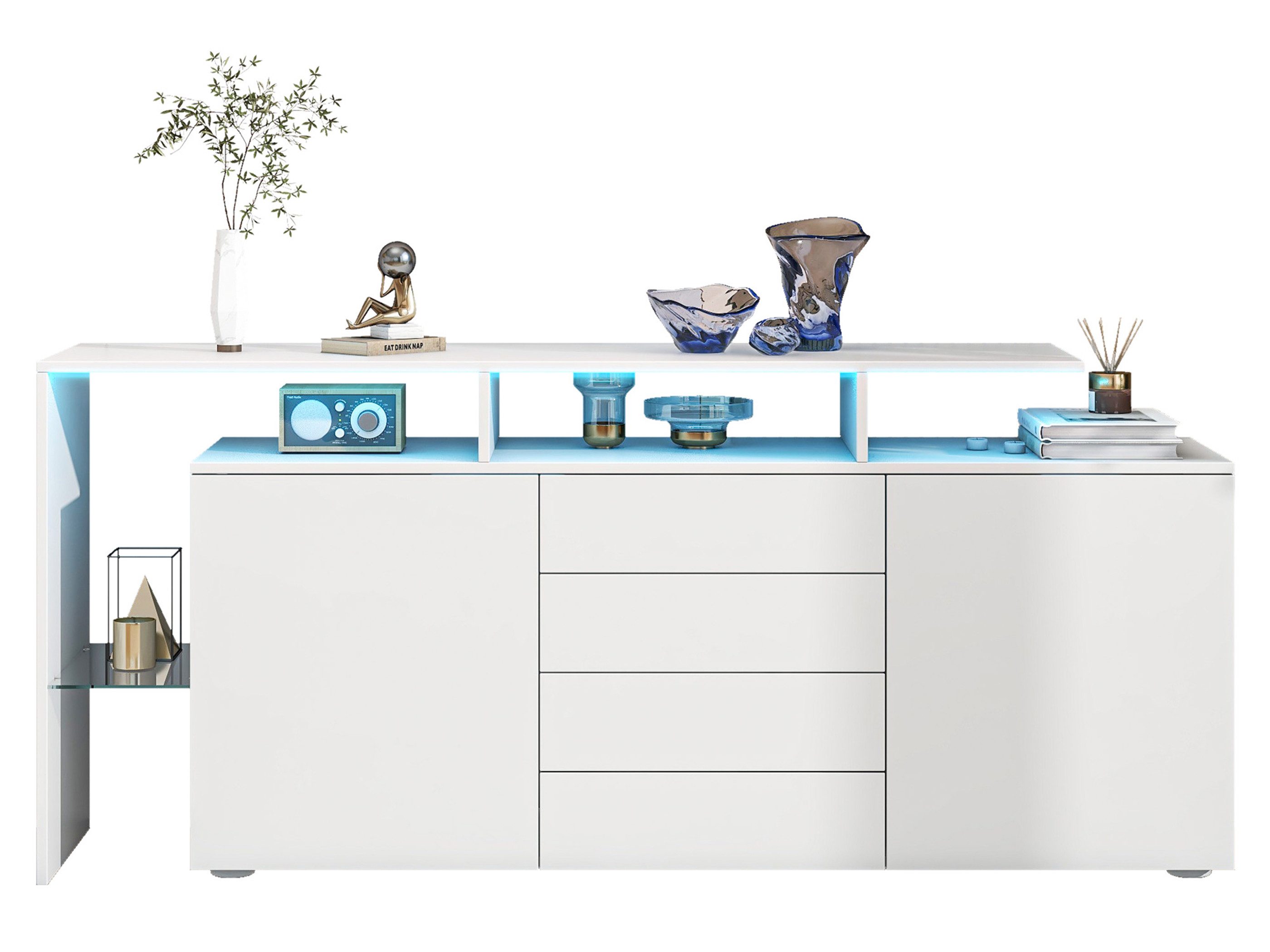 SeedWave Sideboard Moderne Kommode mit Hochglanz-Front, LED-Beleuchtung & Stauraum, 2× verstellbare Einlegeböden, Rückprallstellsetzung