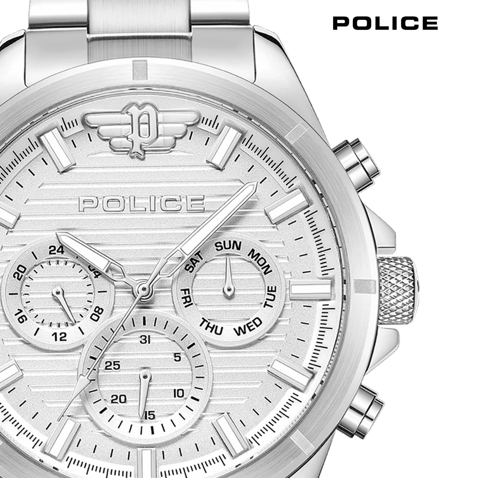 Police Multifunktionsuhr Police Herrenuhr Edelstahl silber, (Multifunktionsuhr), Herrenuhr rund, extra groß (ca. 45x53mm) Edelstahlarmband, Sport-Style