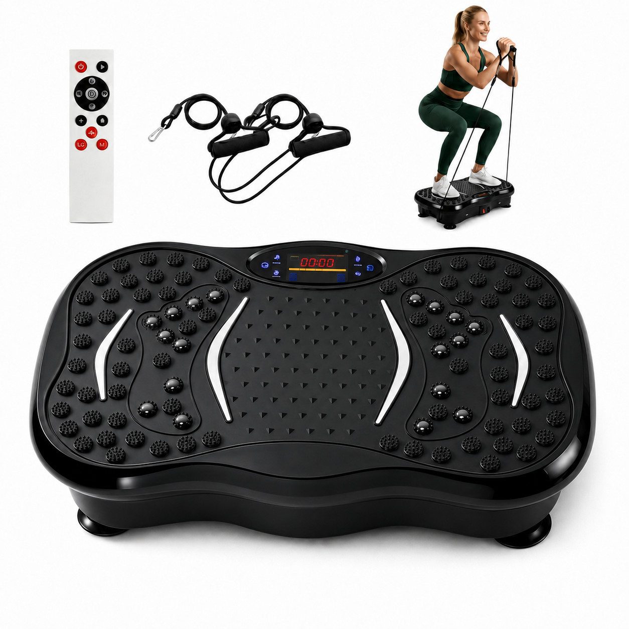 pedete Vibrationsplatte mit 5 Trainingsprogramme Widerstandsbänder mit Griff LED-Display, 99 Intensitätsstufen, Bluetooth für Ganzkörpertraining, Abnehmen, Fettverbrennung