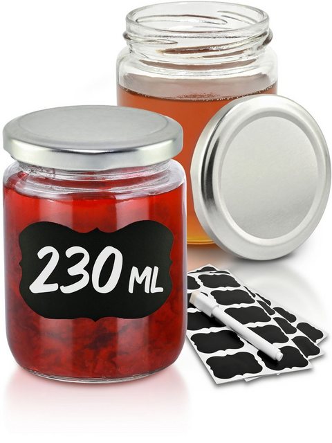 Praknu Einmachglas Praknu 25 Marmeladengläser 230 ml Silber, Glas, (Set, 25-tlg., 25 Einkochgläser, 25 Etiketten, Stift zum Beschriften), mit Deckel, Etiketten – Luftdichte Einmachgläser zum Einkochen & Konservieren