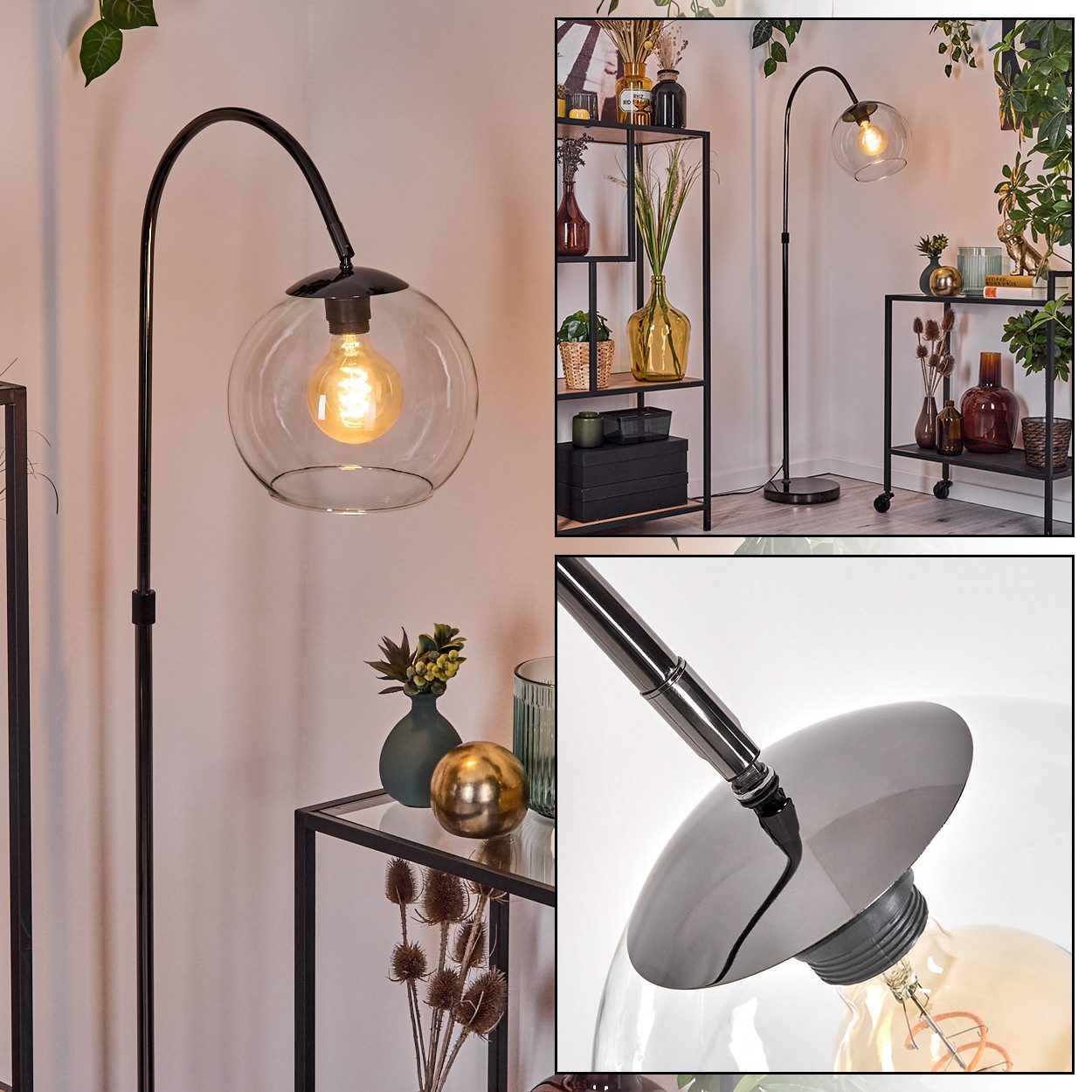 Stehlampe Stehlampe aus Metall/Glas in Schwarz/Chrom/Klar im Retro-Design