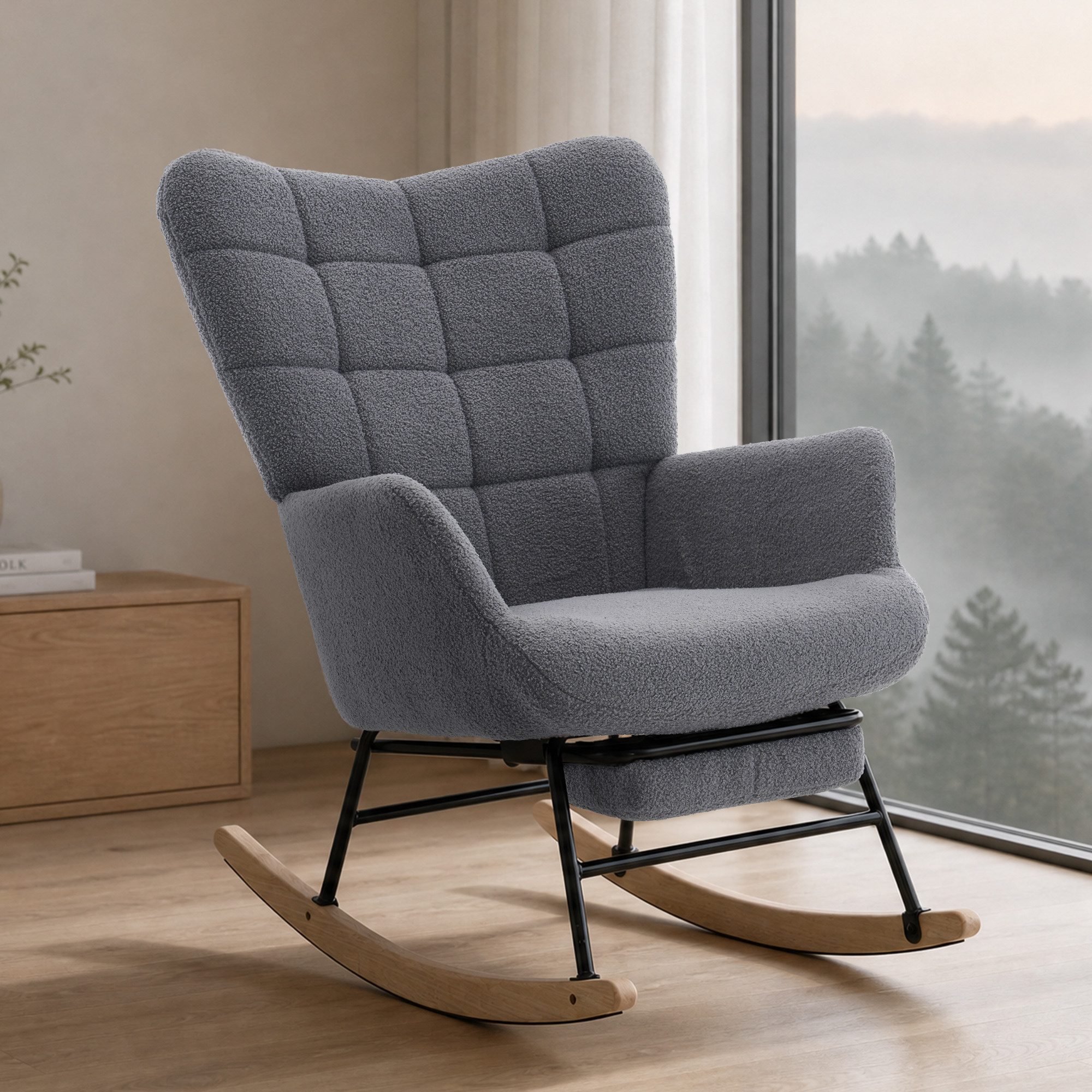 MODFU Schaukelstuhl Kompakter Relaxsessel – mit Schaukelbewegung & bequemer Polsterung (Grau, 68×88×91 cm, für Wohnzimmer & Büro, 1 St), ausziehbare Fußstütze, stabil, vielseitig
