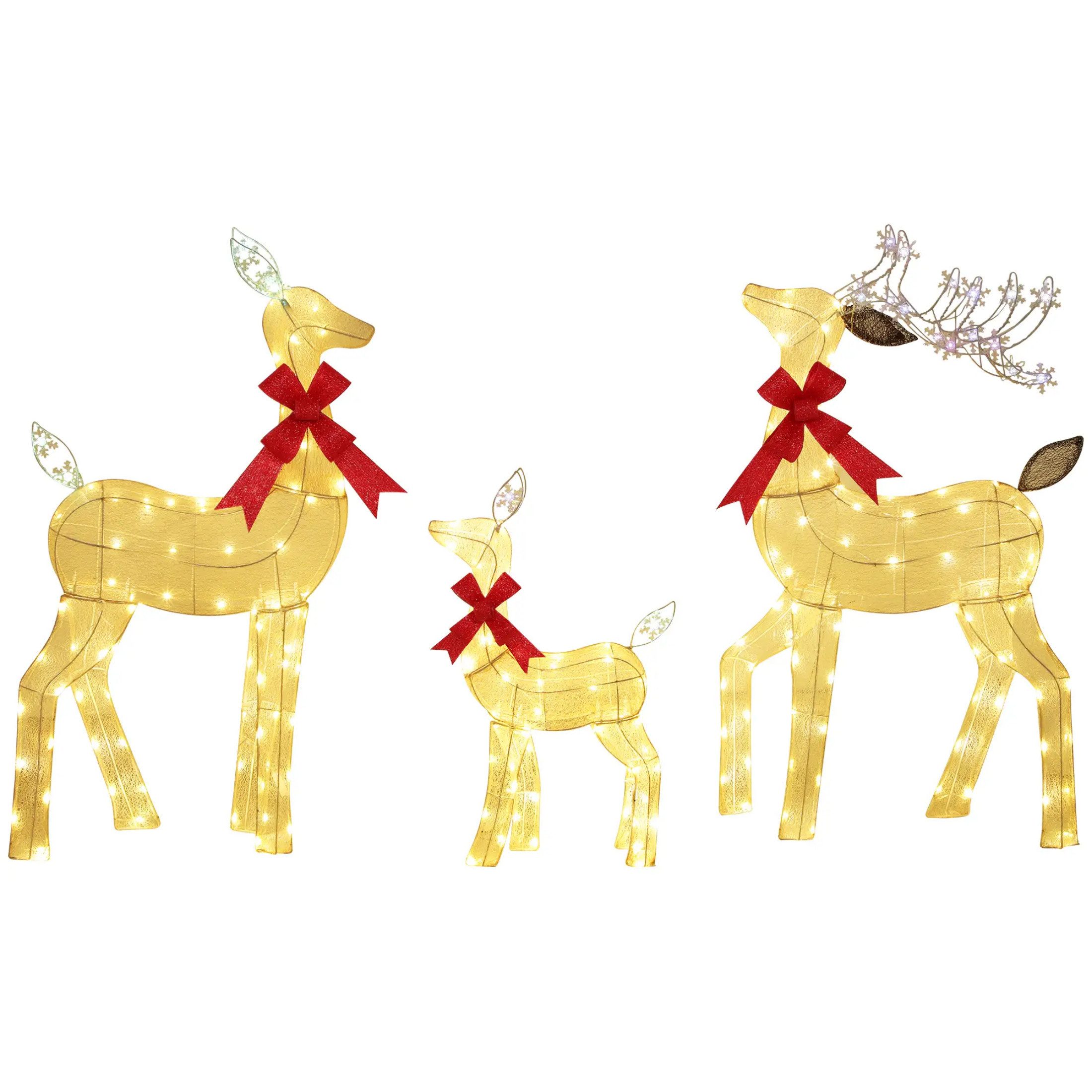 autolock Weihnachtsfigur 3-teiliges Weihnachts-Dekoration Rentier-Familie (3 St), mit LED-Beleuchtung, rote Schleife, Stahl, Polyester, wasserfest