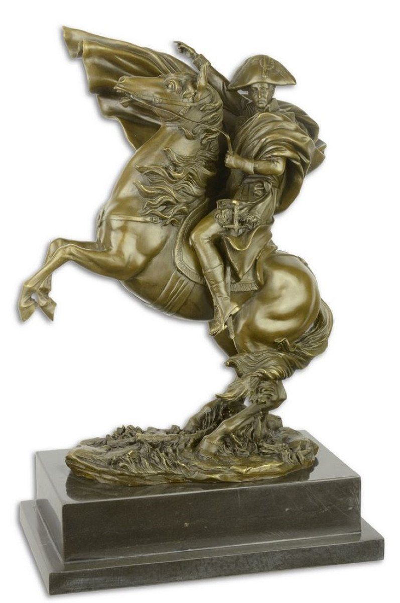 Casa Padrino Dekofigur Luxus Bronze Skulptur Napoleon mit Pferd Bronze / Gold / Schwarz 29,9 x 19,6 x H. 43,5 cm - Bronzefigur mit Marmorsockel - Dekofigur