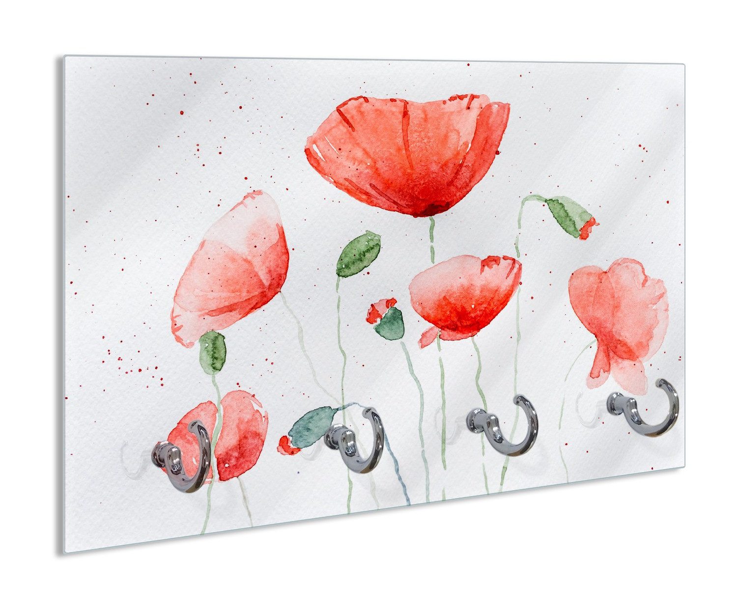 Wallario Handtuchhalter Mohnblumen in Aquarell, aus Glas mit 4 Metallhaken