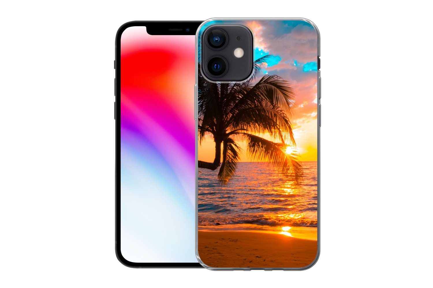 MuchoWow Handyhülle für Apple iPhone 12 Palme - Sonnenuntergang - Horizont - Strand - Meer, Smartphone-Bumper, Print, Handy Schutzhülle Dünn