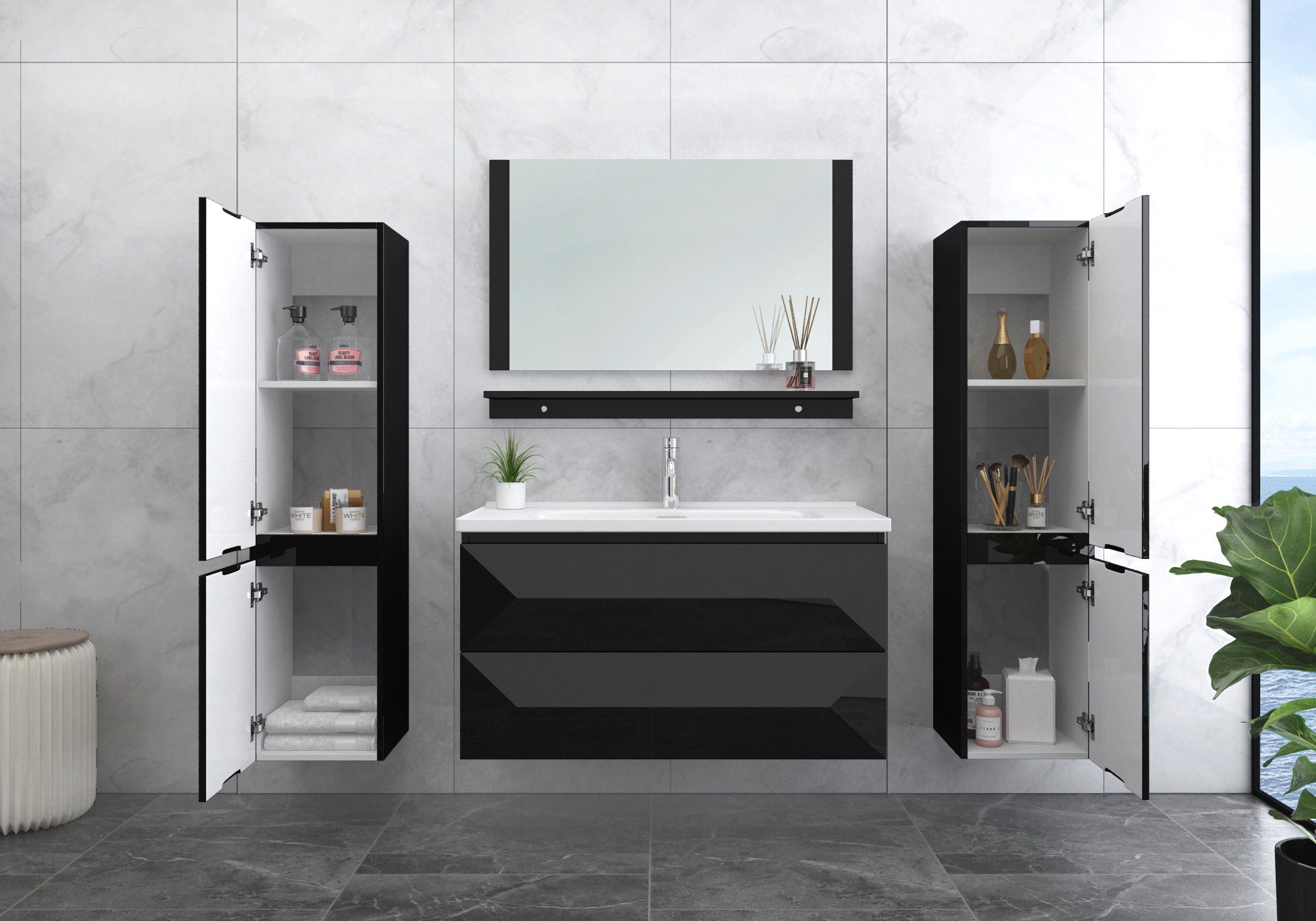 Faizee Möbel Badmöbel-Set Badmöbel Set vormontiert "Miran" Weiß/Schwarz Ker günstig online kaufen