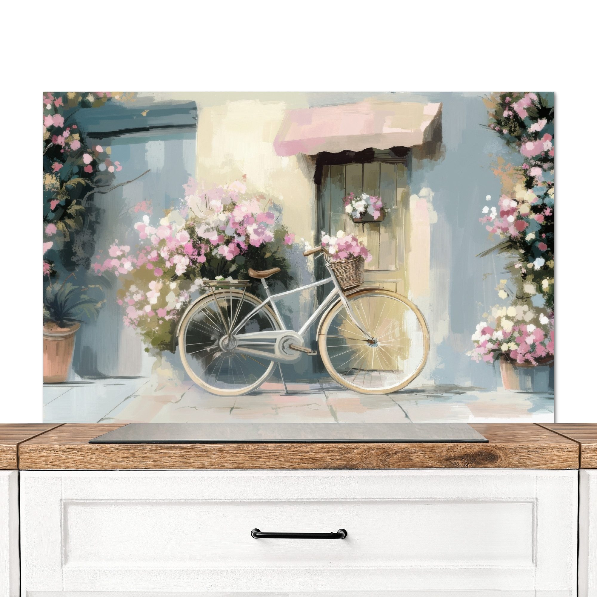 KitchenYeah Küchenrückwand Fahrrad - Pastellfarben - Blumen, (1-tlg), Küchenrückwand, Küchen Zubehör, 100x65 cm