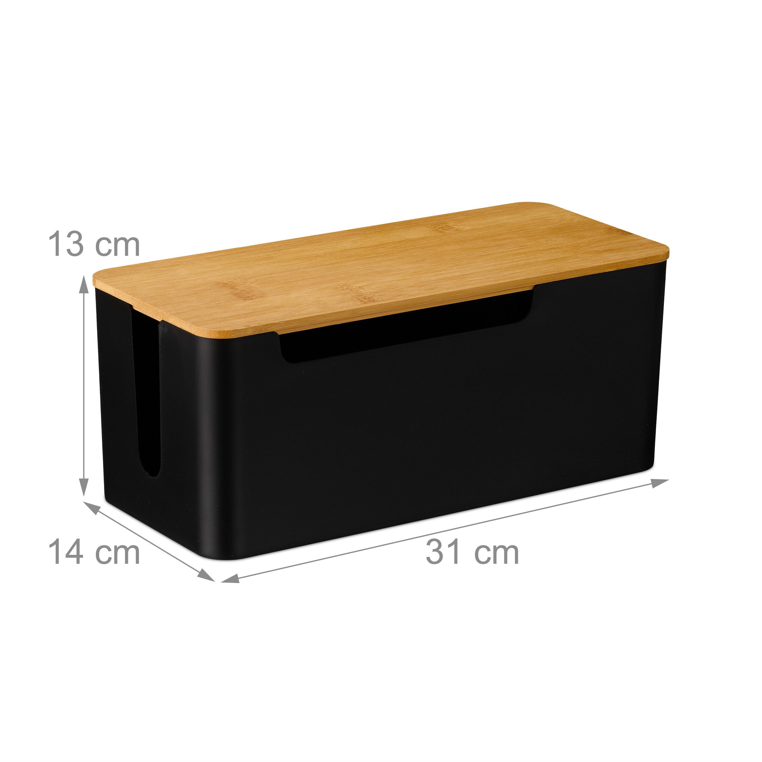 relaxdays Kabelbox Schwarze Kabelbox mit Bambusdeckel